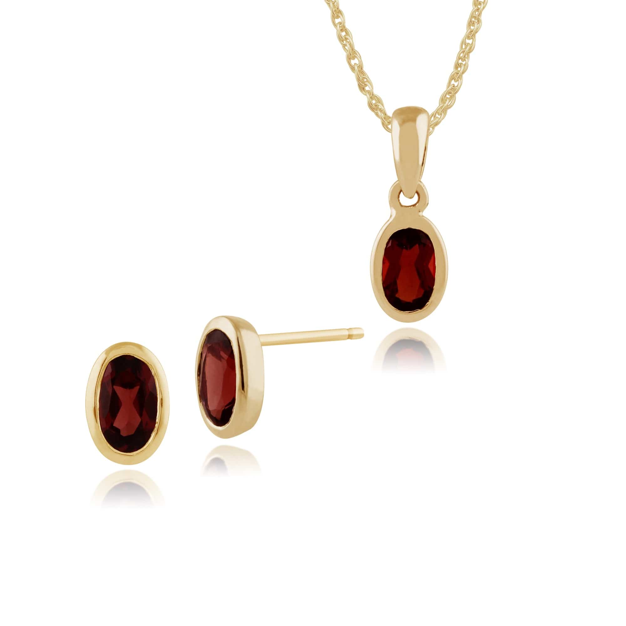 183E0670059-183P1120029 Classic Oval Garnet Single Stone Bezel Stud Earrings & Pendant Set in 9ct Yellow Gold 1