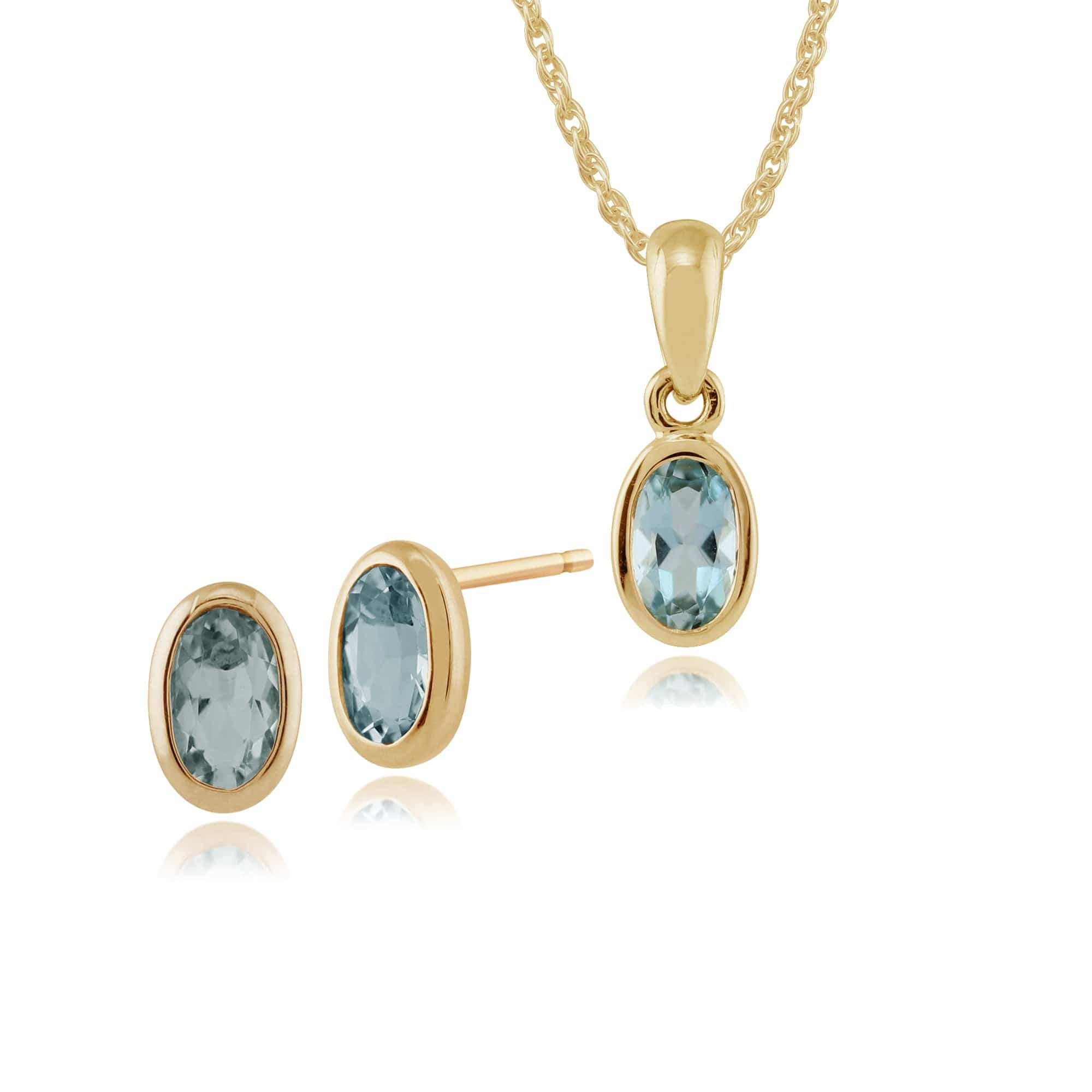 183E0670139-183P1120059 Classic Oval Aquamarine Bezel Stud Earrings & Pendant Set in 9ct Yellow Gold 1