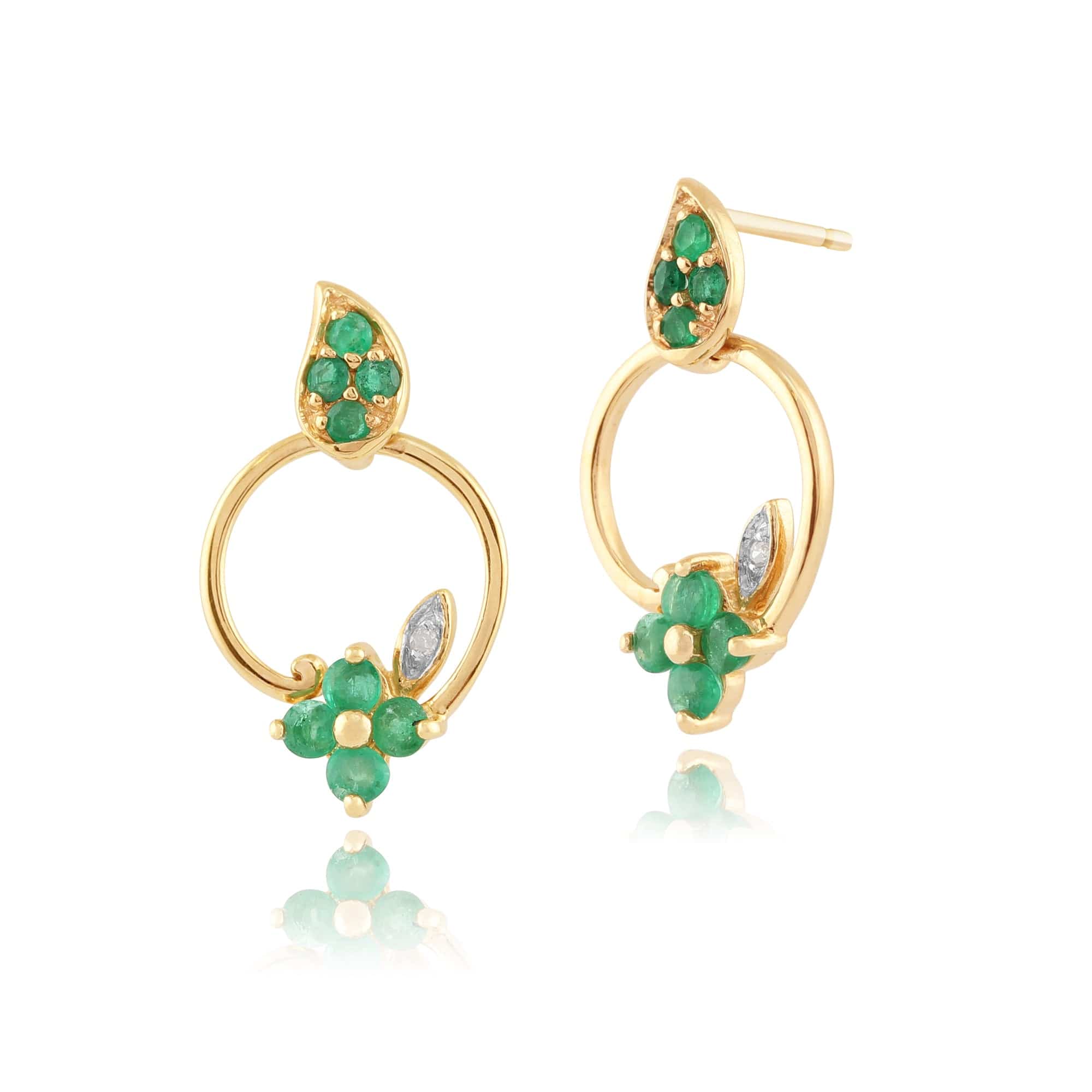 Floral Round Emerald & Diamond Drop Earrings in 9ct Yellow Gold - Gemondo