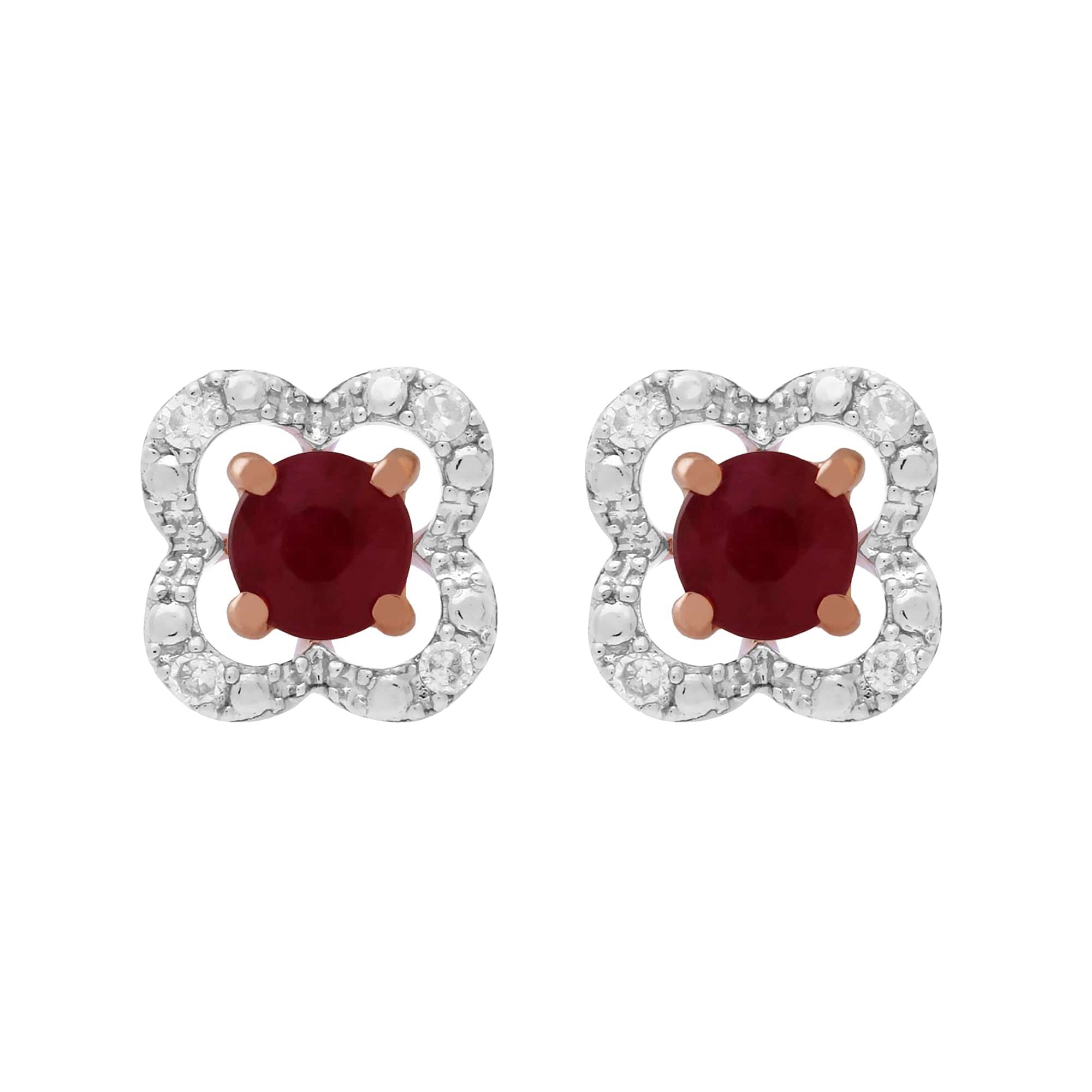 183E4316069-191E0373019 Classic Round Ruby Stud Earrings with Detachable Diamond Flower Jacket in 9ct Rose Gold 1