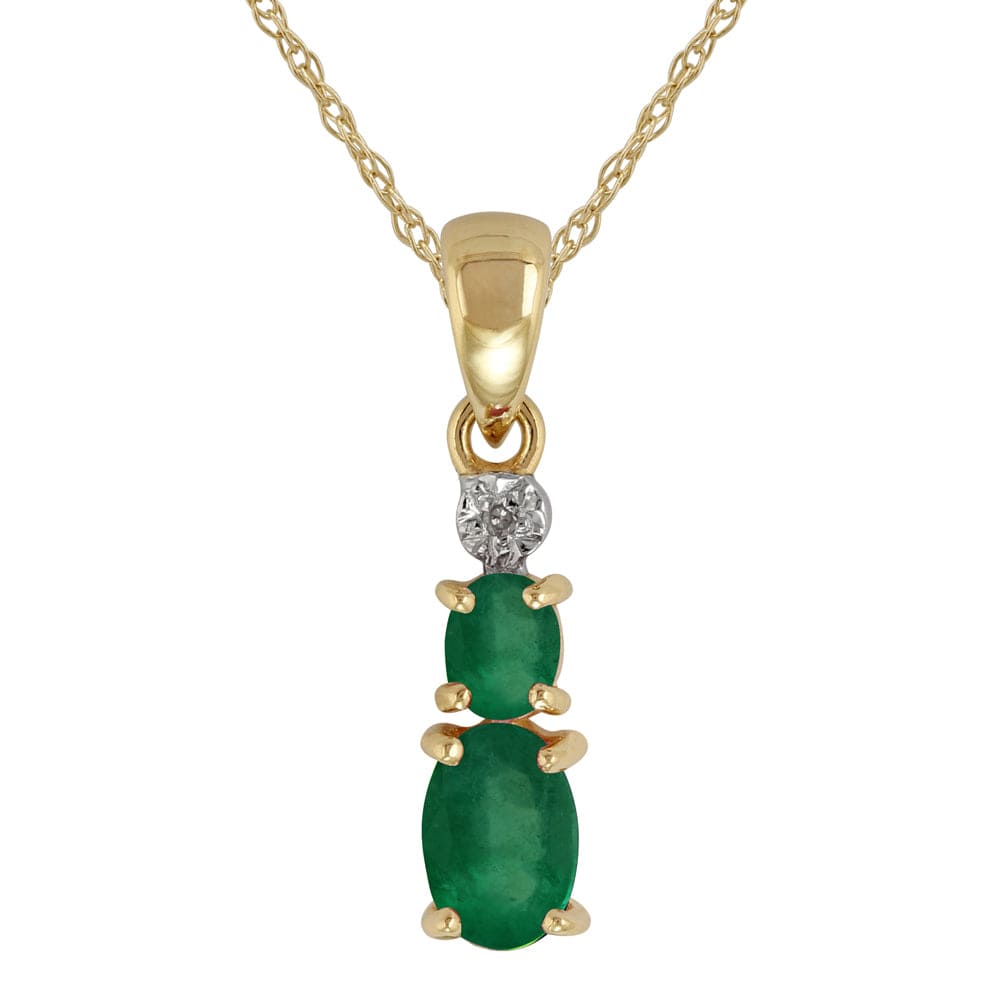 Classic two Oval Emerald & Diamond Pendant 9ct Yellow Gold