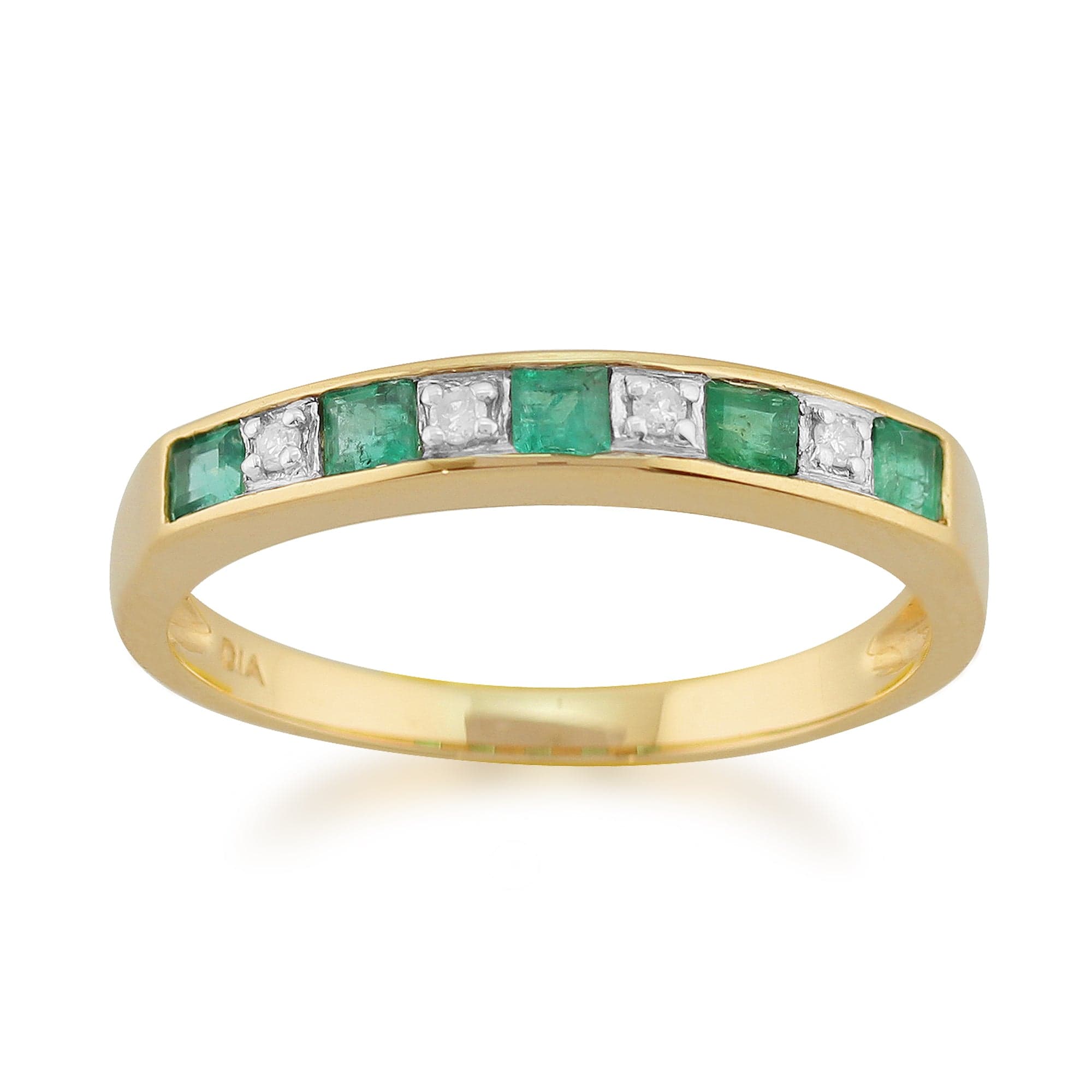 Classic Square Emerald & Diamond Half Eternity Ring in 9ct Yellow Gold - Gemondo