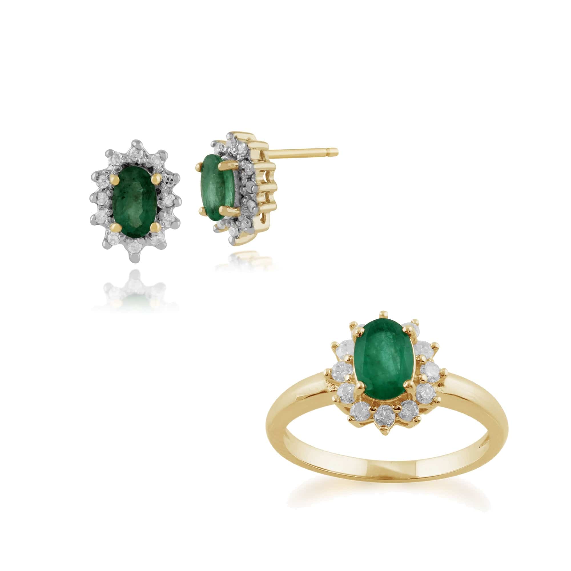 26920-183R1846079 Classic Oval Emerald & Diamond Halo Cluster Stud Earrings & Ring Set in 9ct Yellow Gold 1