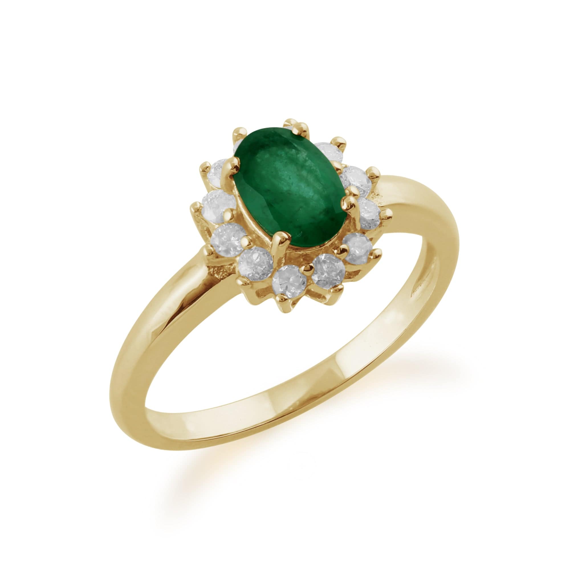 Classic Oval Emerald & Diamond Cluster Ring in 9ct Yellow Gold - Gemondo