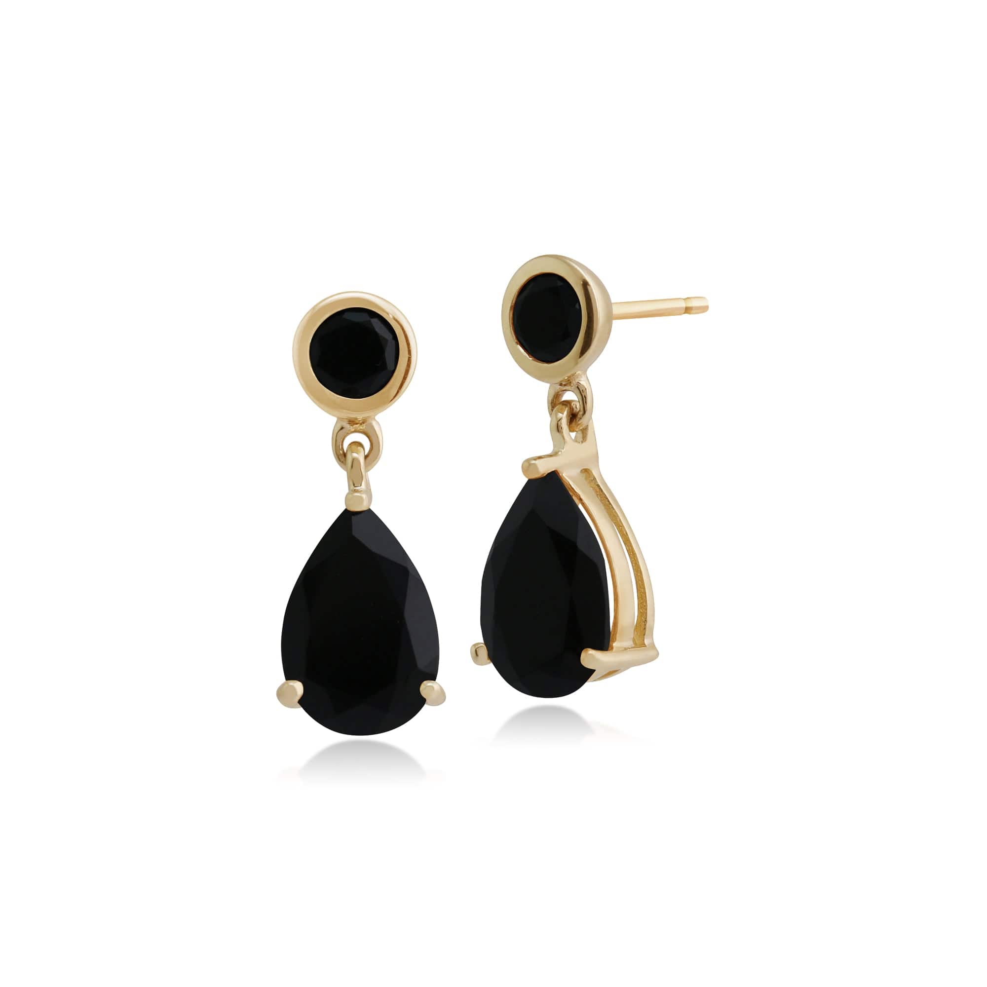 Classic Pear & Round Black Onyx Drop Earrings in 9ct Yellow Gold - Gemondo