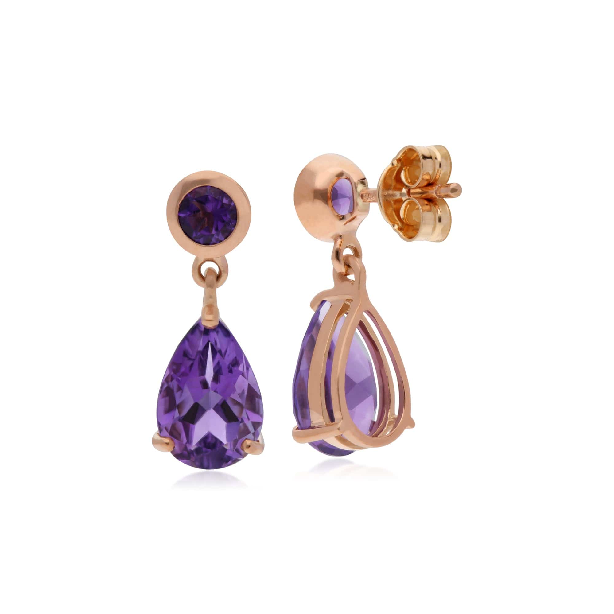 Classic Pear & Round Amethyst Drop Earrings in 9ct Rose Gold - Gemondo