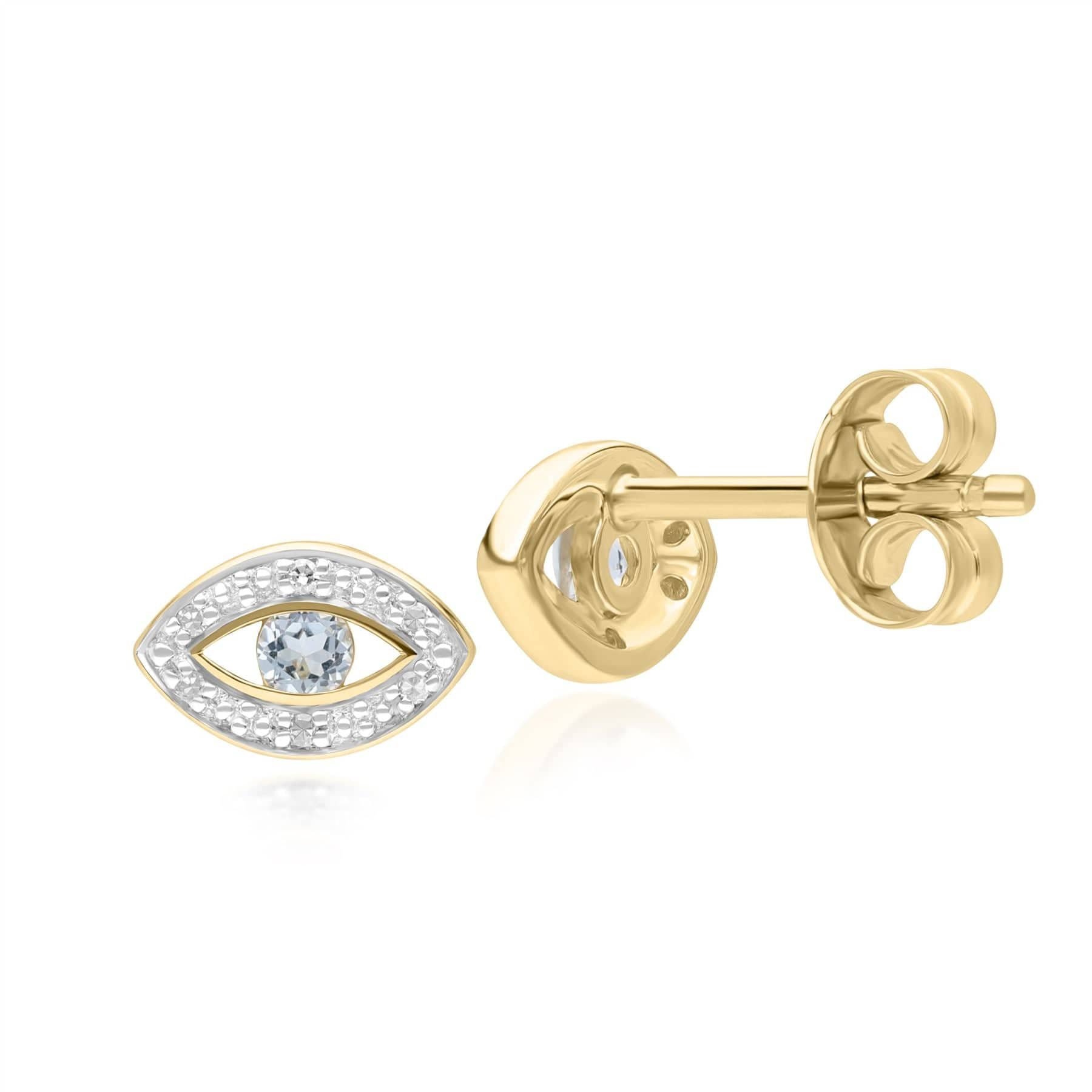 135E1824039 ECFEW™ Dainty Evil Eye Blue Topaz & Diamond Stud Earrings in 9ct Yellow Gold Side