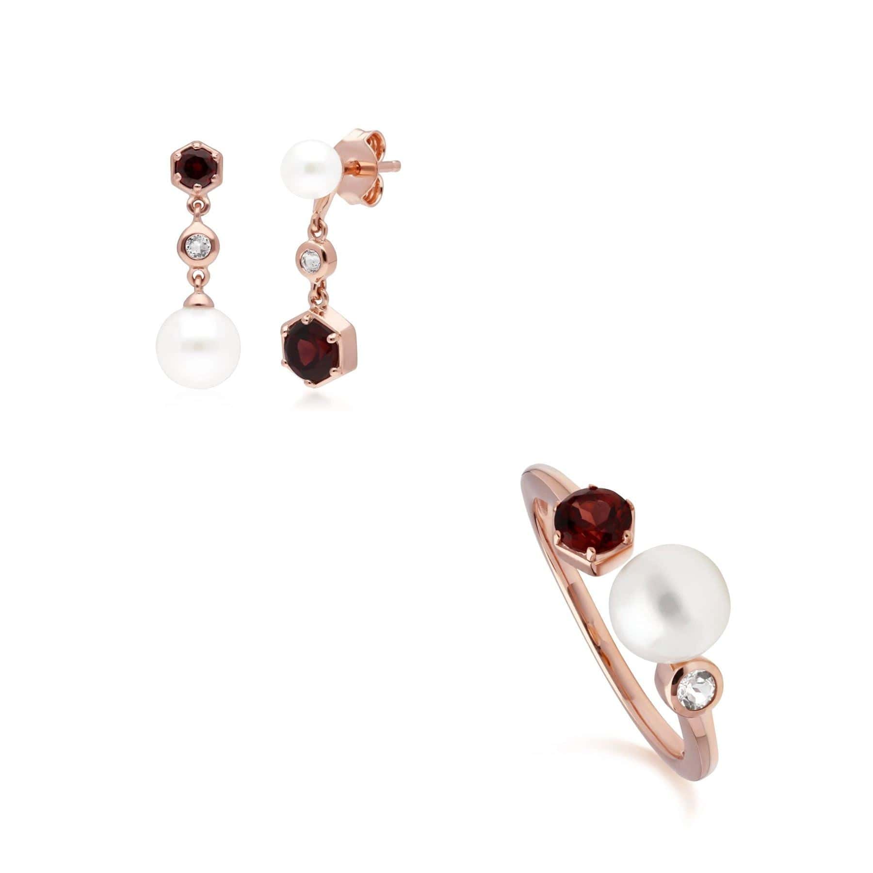Modern Pearl, Garnet & Topaz Earring & Ring Set in Rose Gold Plated Sterling Silver - Gemondo