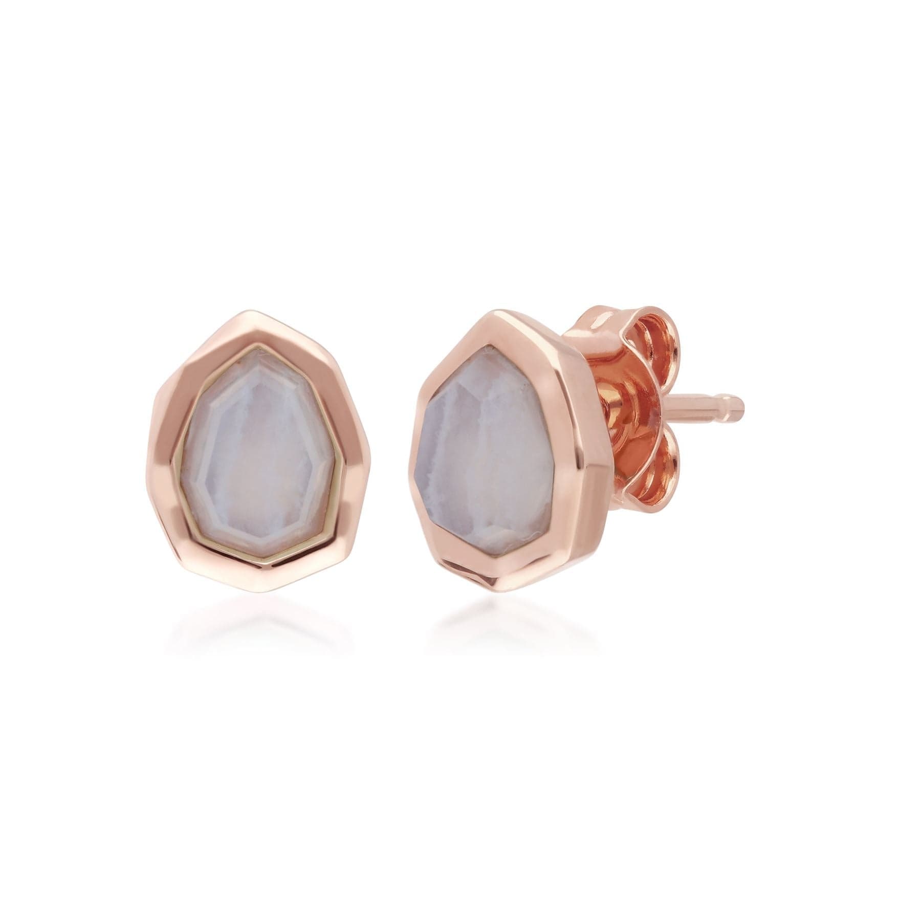 Irregular B Gem Blue Lace Agate Stud Earrings in Rose Gold Sterling Silver