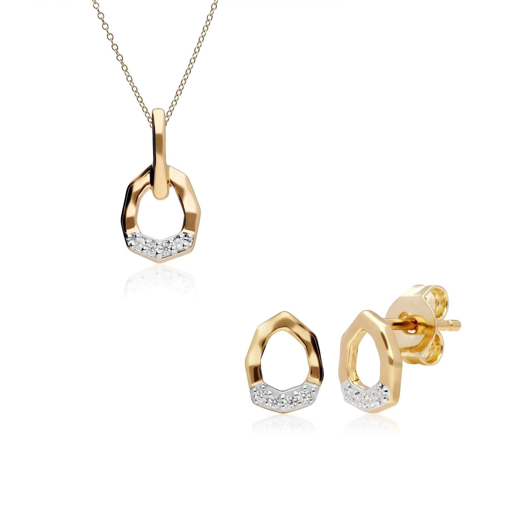 Diamond Pave Asymmetrical Pendant and Earring Set in 9ct Yellow Gold
