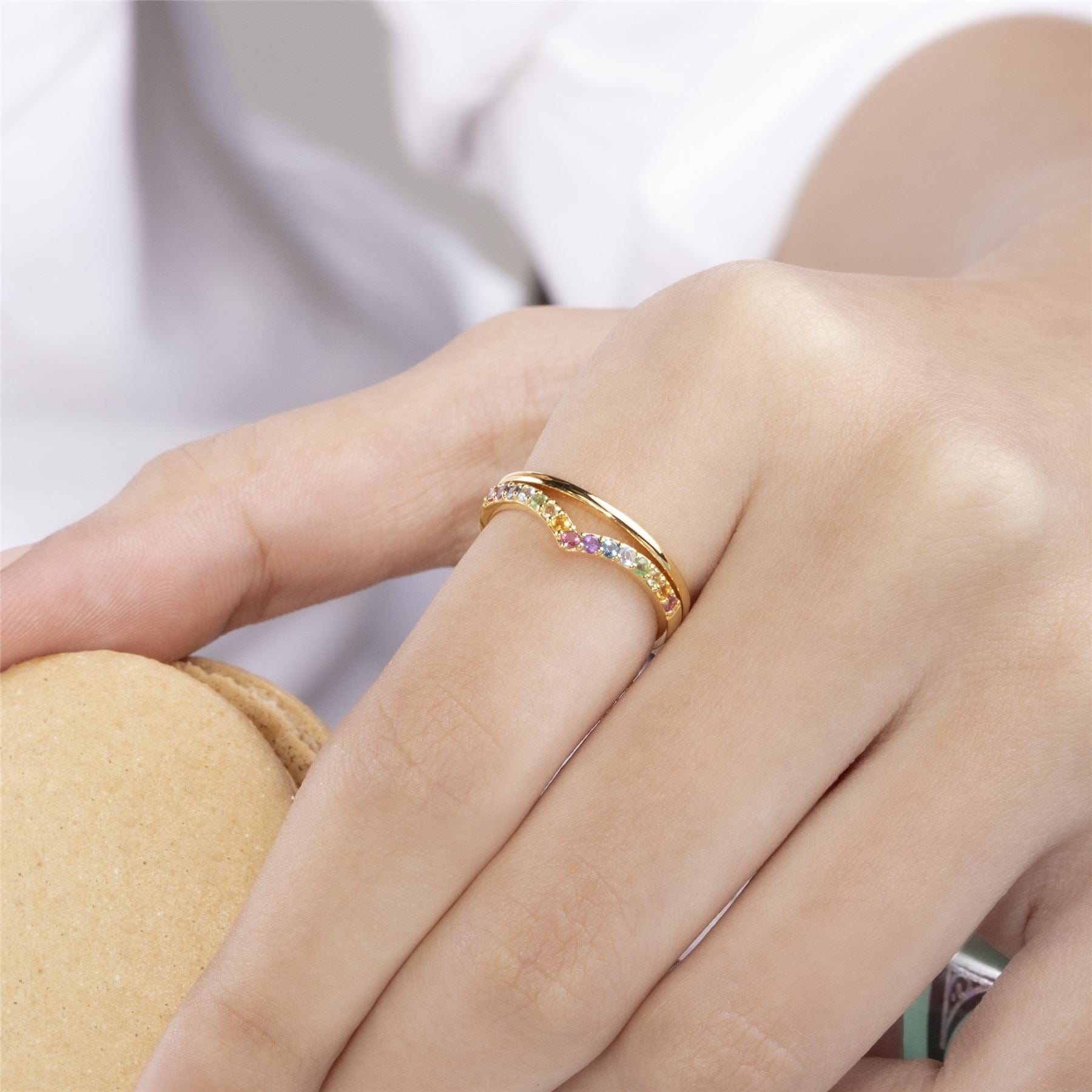 Rainbow Wishbone Style Ring in Gold Plated Sterling Silver on model