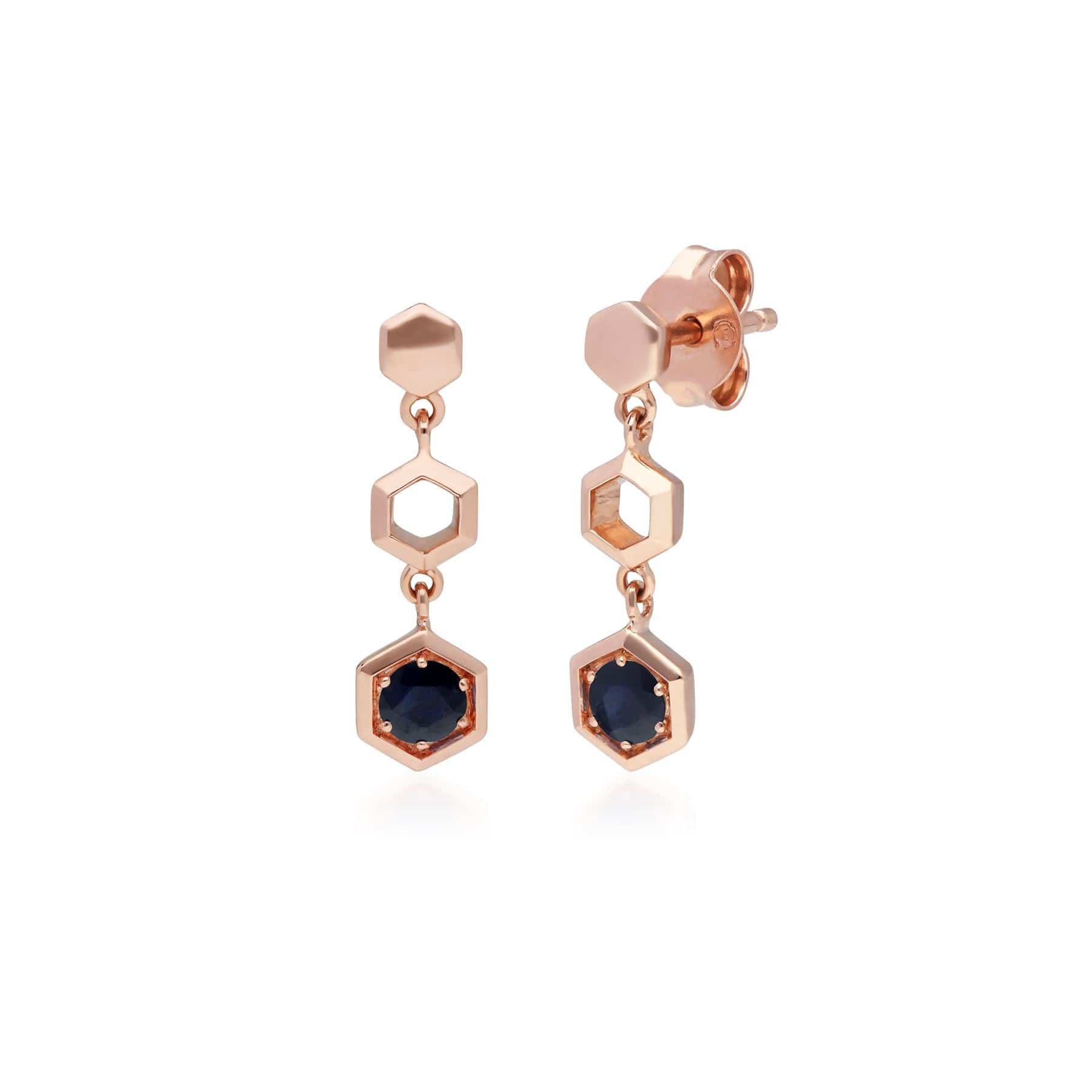 Honeycomb Inspired Blue Sapphire Drop Earrings in 9ct Rose Gold - Gemondo