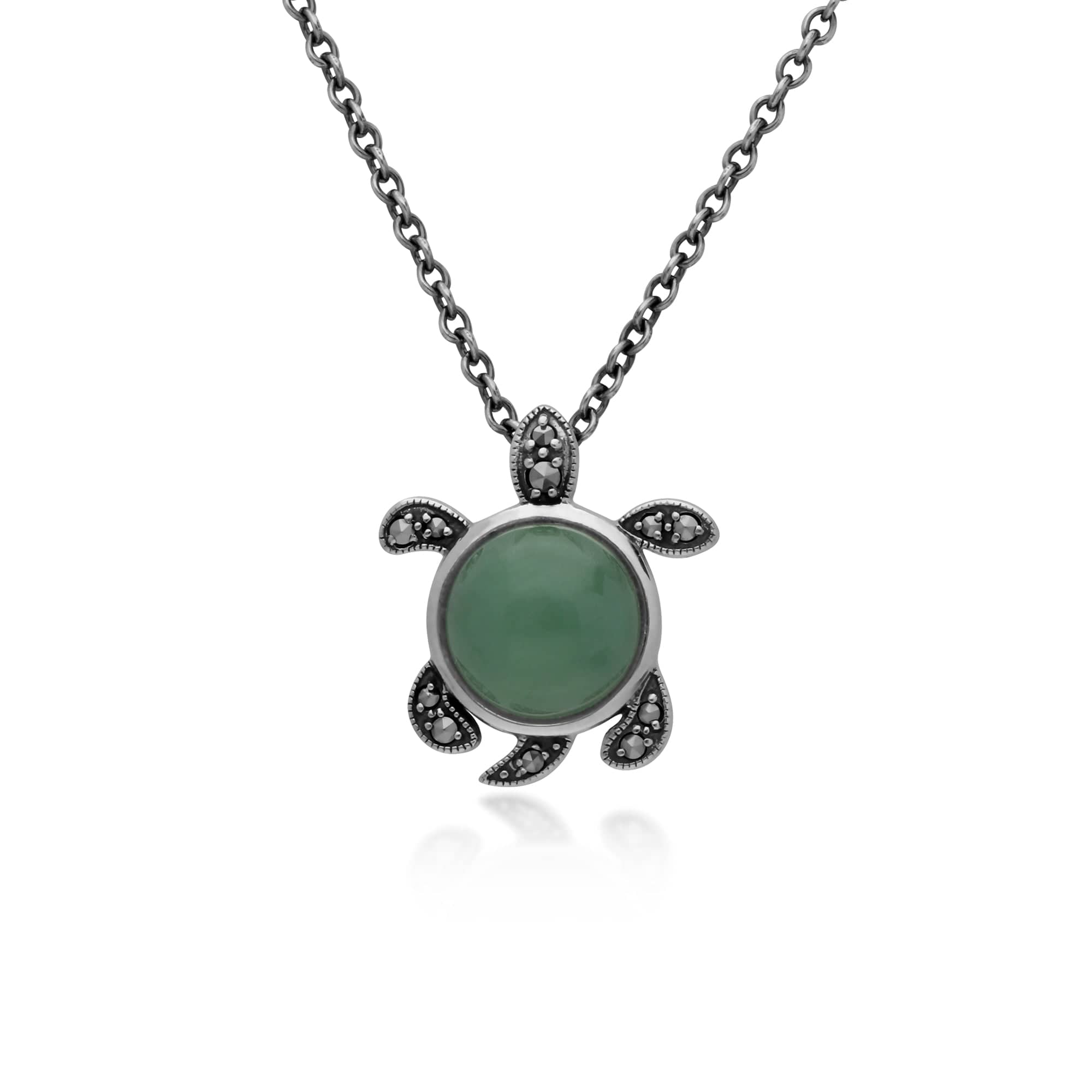 Green Jade & Marcasite Turtle Necklace in 925 Sterling Silver - Gemondo