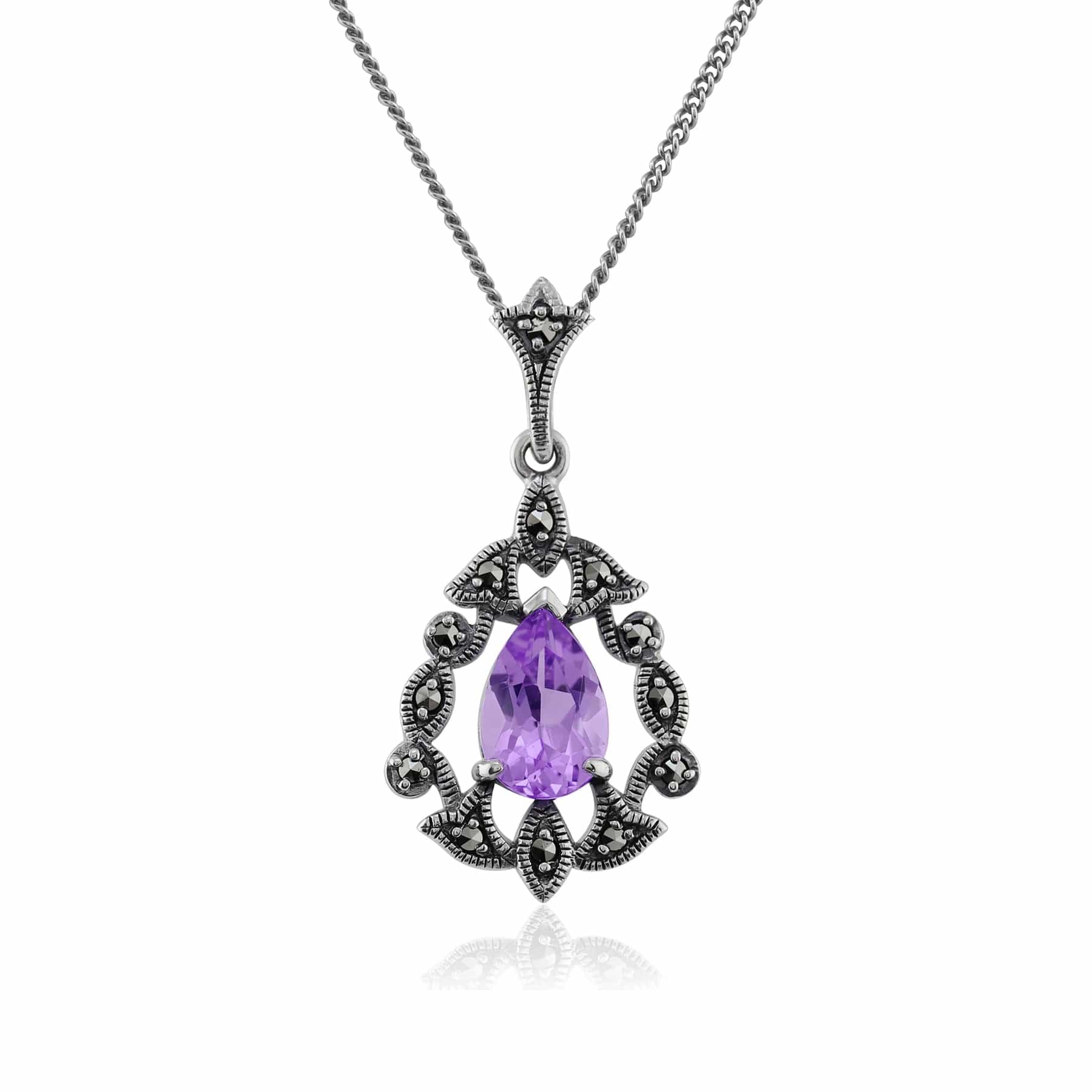 Art Nouveau Style Pear Amethyst & Marcasite Pendant in 925 Sterling Silver - Gemondo