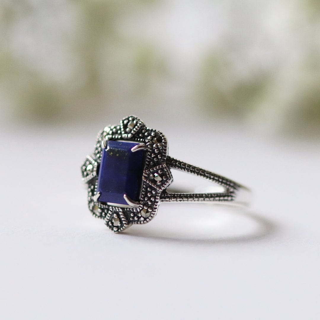 Art Deco Style Baguette Lapis Lazuli & Marcasite Ring in 925 Sterling Silver - Gemondo