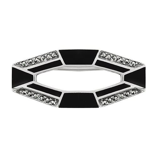 Art Deco Style Cabochon Black Onyx & Marcasite Brooch in 925 Sterling Silver