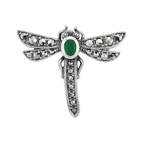 Art Nouveau Style Oval Marcasite & Emerald Dragonfly Brooch 925 Sterling