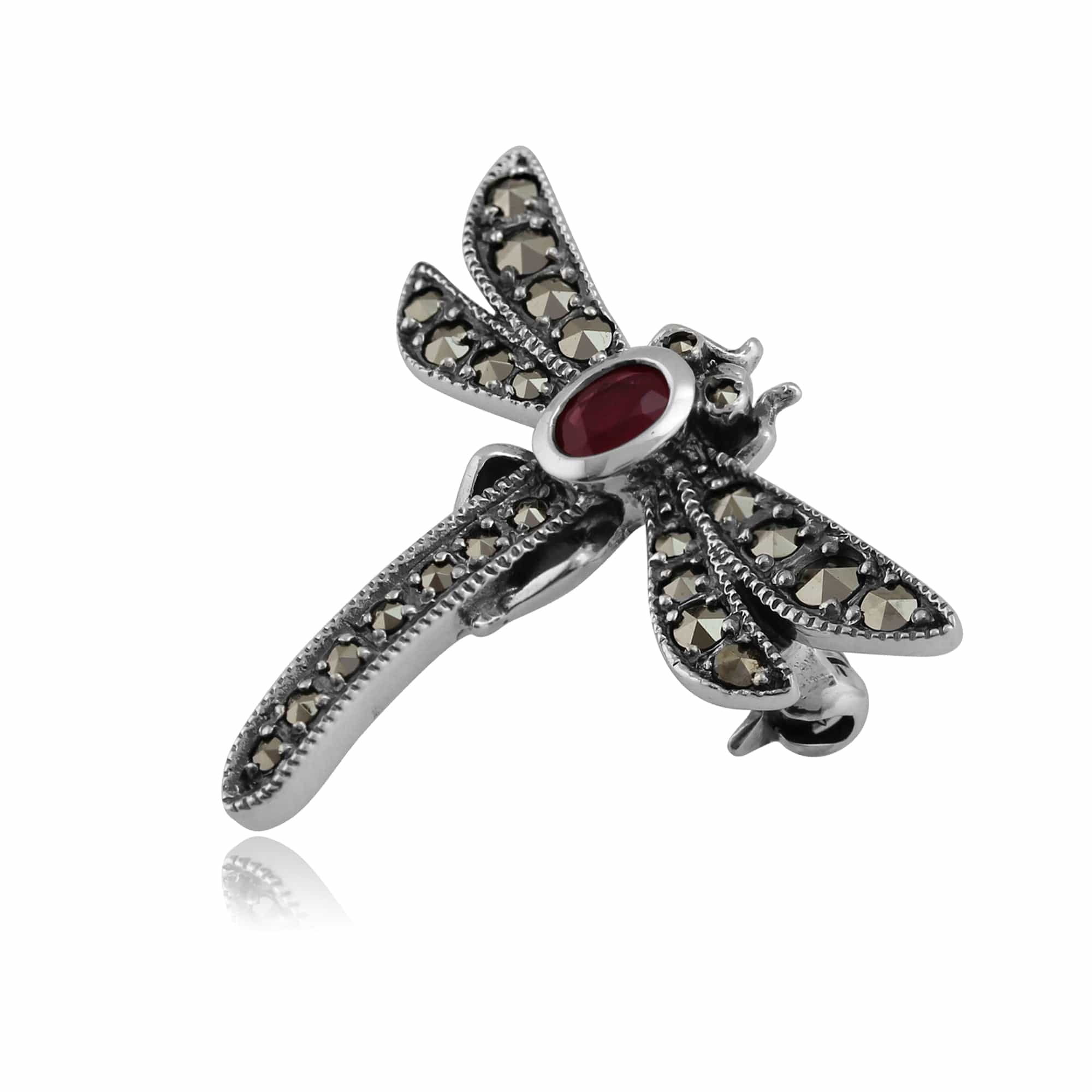 Art Nouveau Style Marcasite Dragonfly Brooch in 925 Sterling Silver - Gemondo