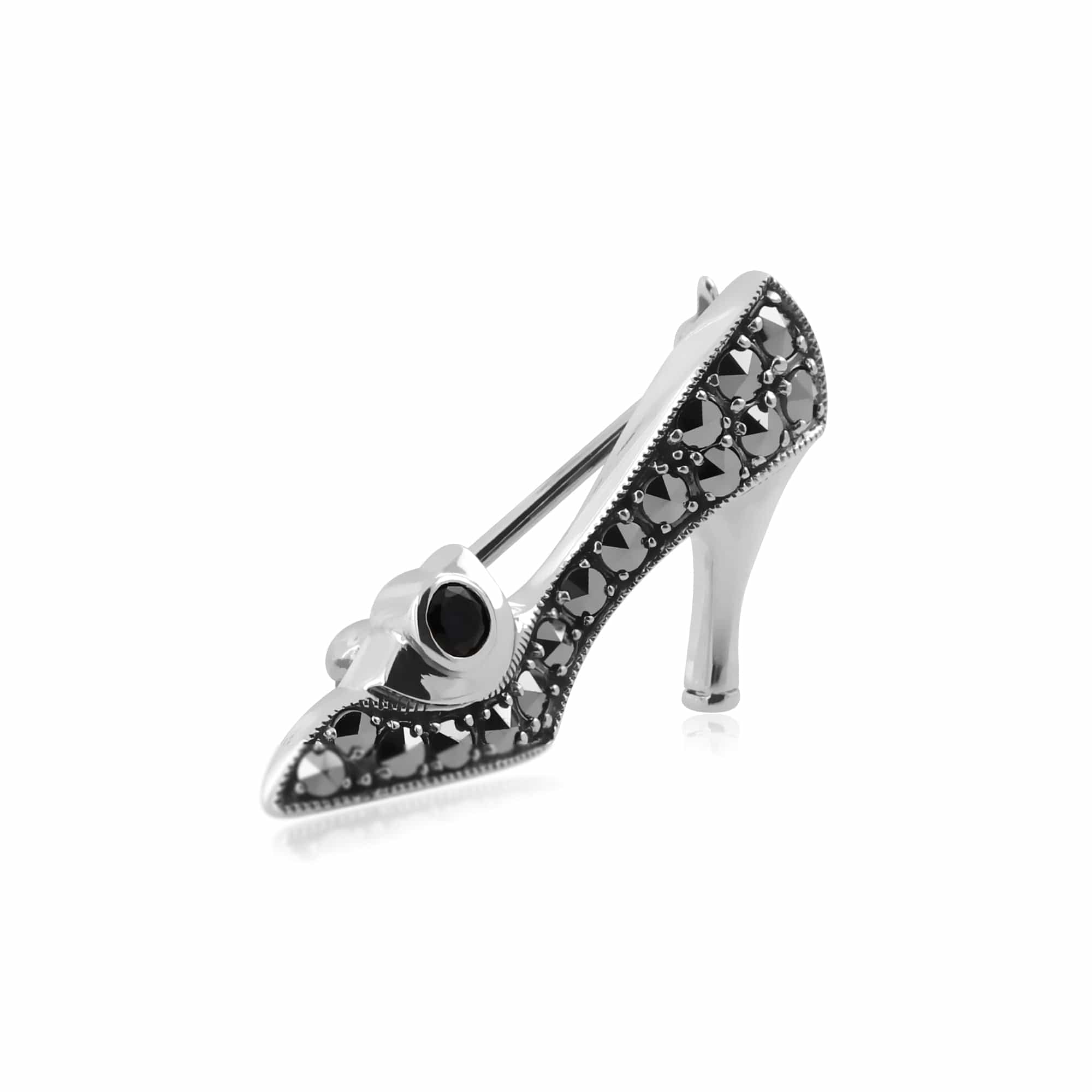 Art Nouveau Style Round Sapphire & Marcasite Shoe Brooch in 925 Sterling Silver - Gemondo