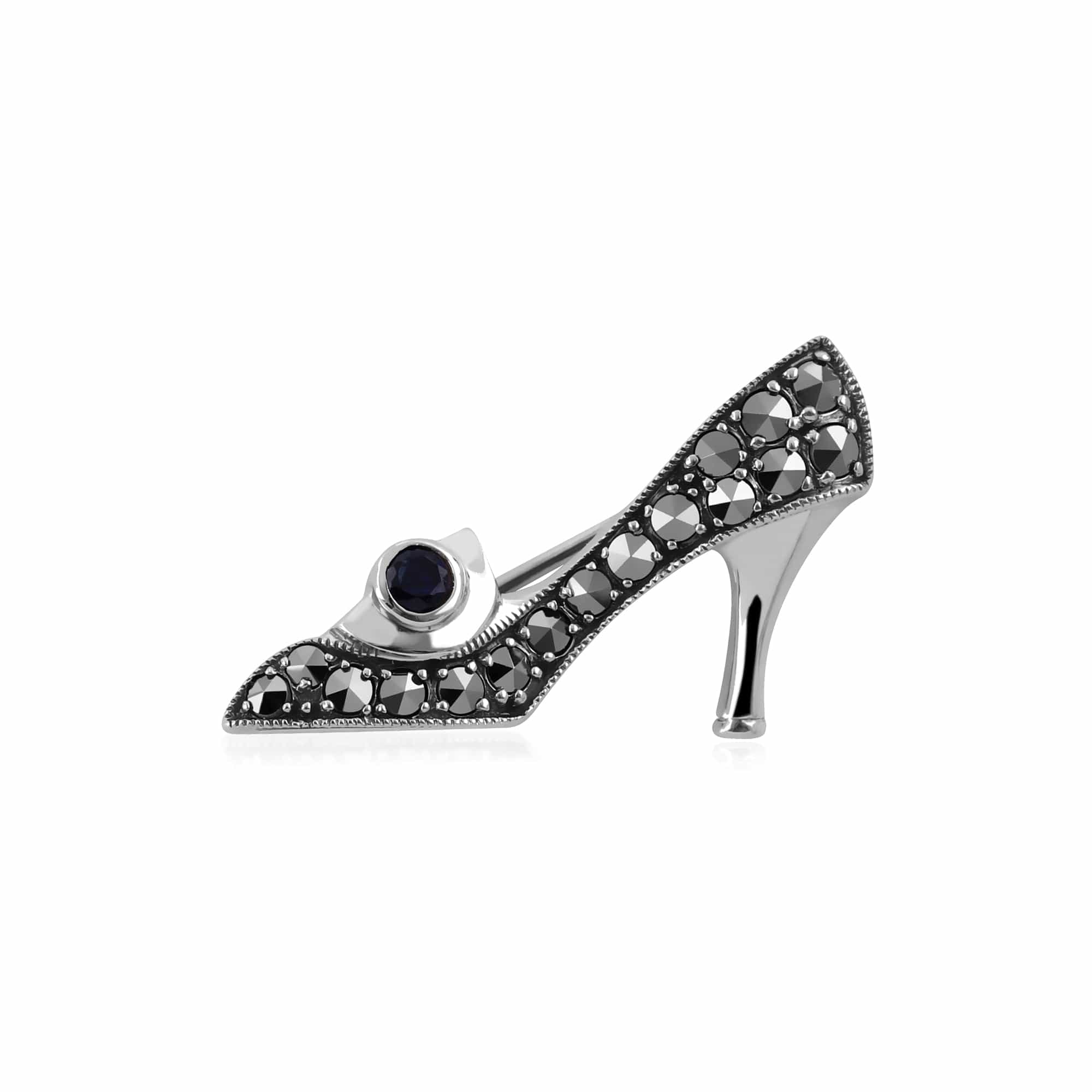 Art Nouveau Style Round Sapphire & Marcasite Shoe Brooch in 925 Sterling Silver - Gemondo