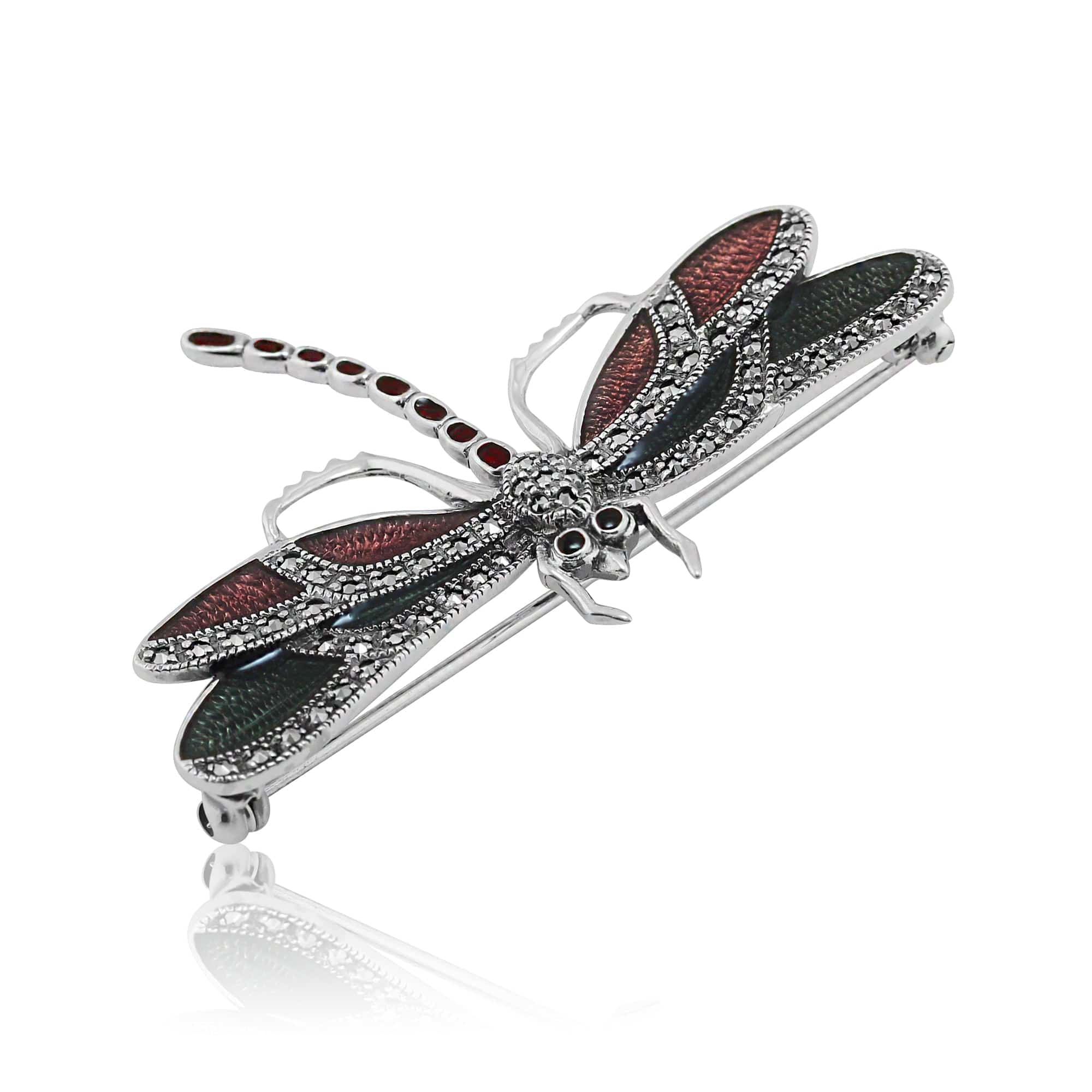 Art Nouveau Style Round Marcasite & Enamel Dragonfly Brooch in 925 Sterling Silver - Gemondo