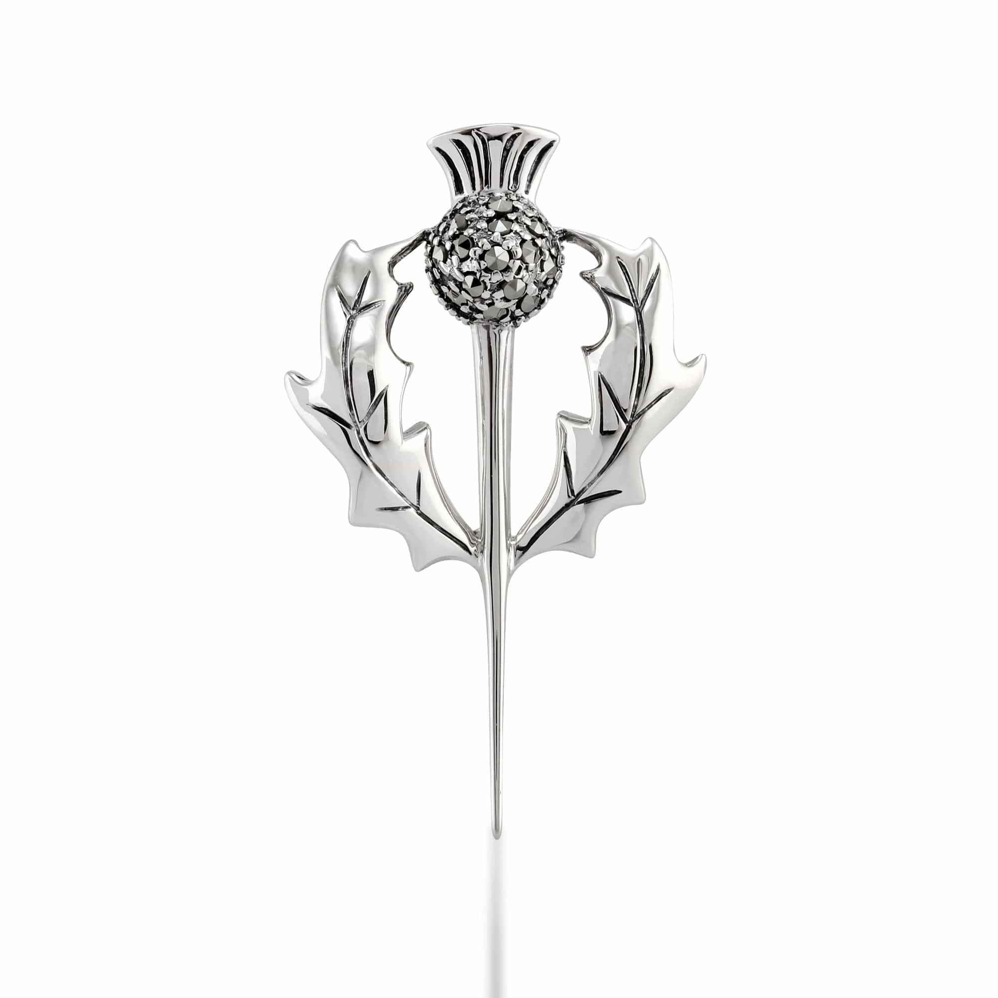 Art Nouveau Style Round Marcasite Thistle Brooch in 925 Sterling Silver - Gemondo