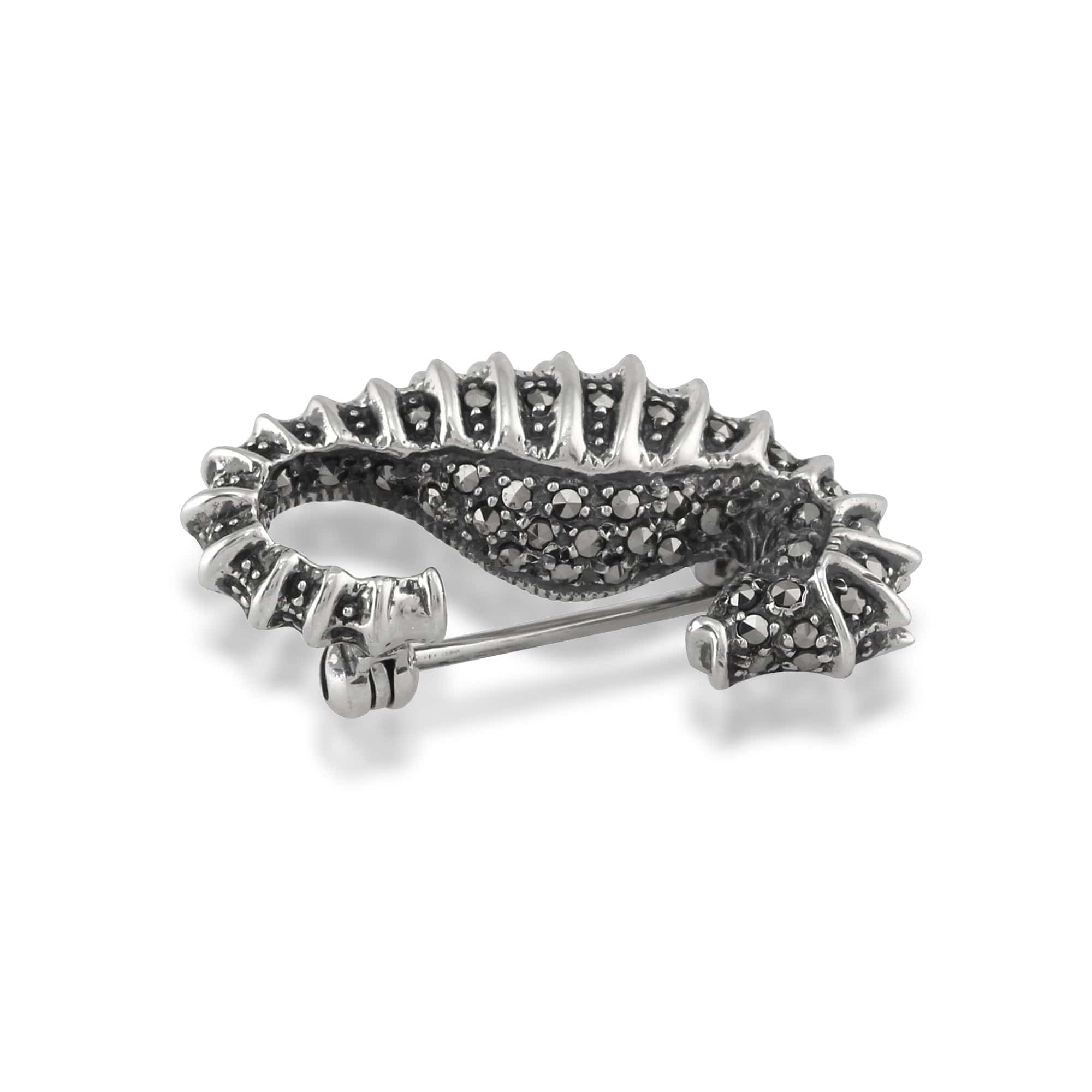 Art Nouveau Style Round Marcasite Seahorse Brooch in 925 Sterling Silver - Gemondo