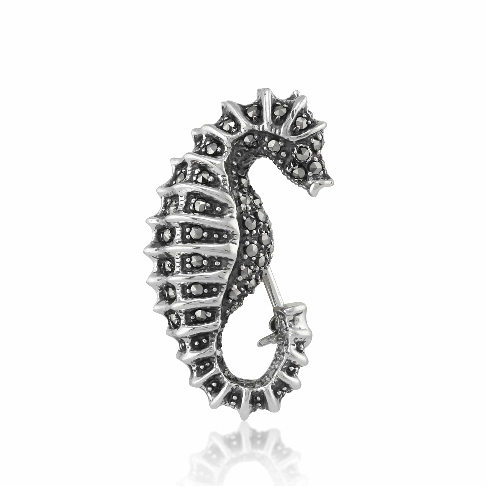 Art Nouveau Style Round Marcasite Seahorse Brooch in 925 Sterling Silver - Gemondo
