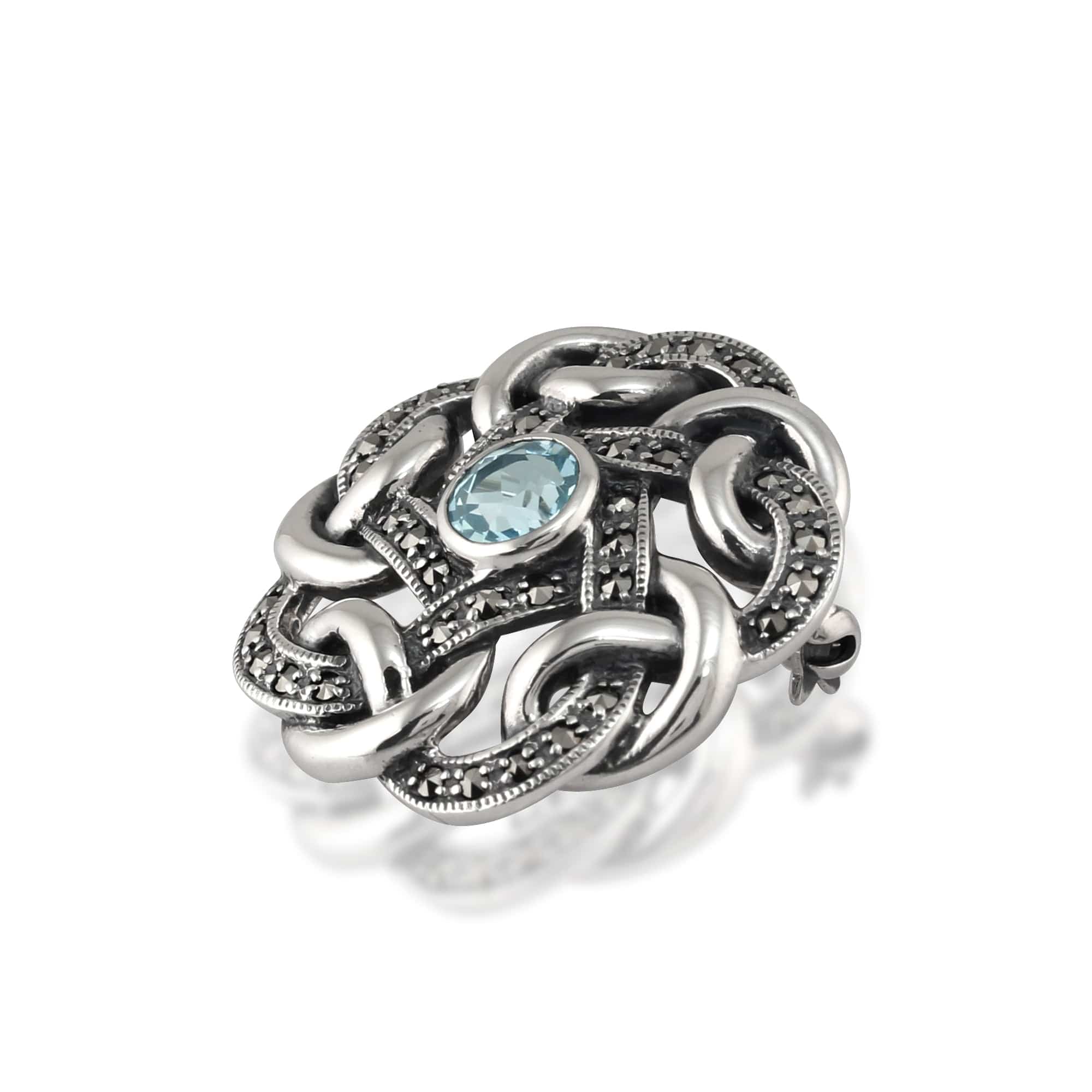Marcasite & Blue Topaz Celtic Style Brooch in Sterling Silver - Gemondo