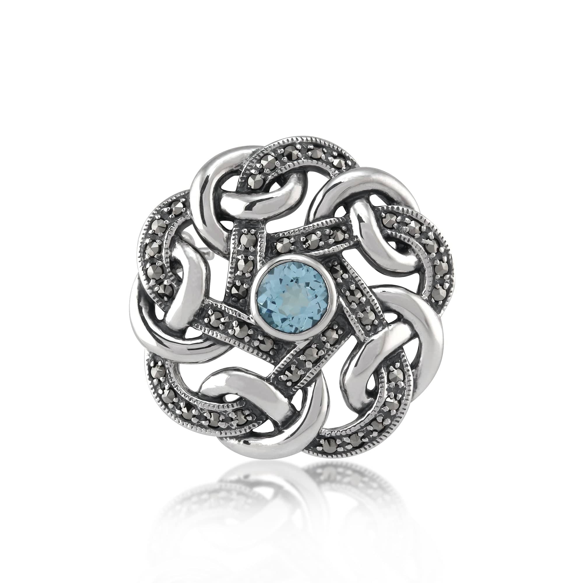 Marcasite & Blue Topaz Celtic Style Brooch in Sterling Silver - Gemondo