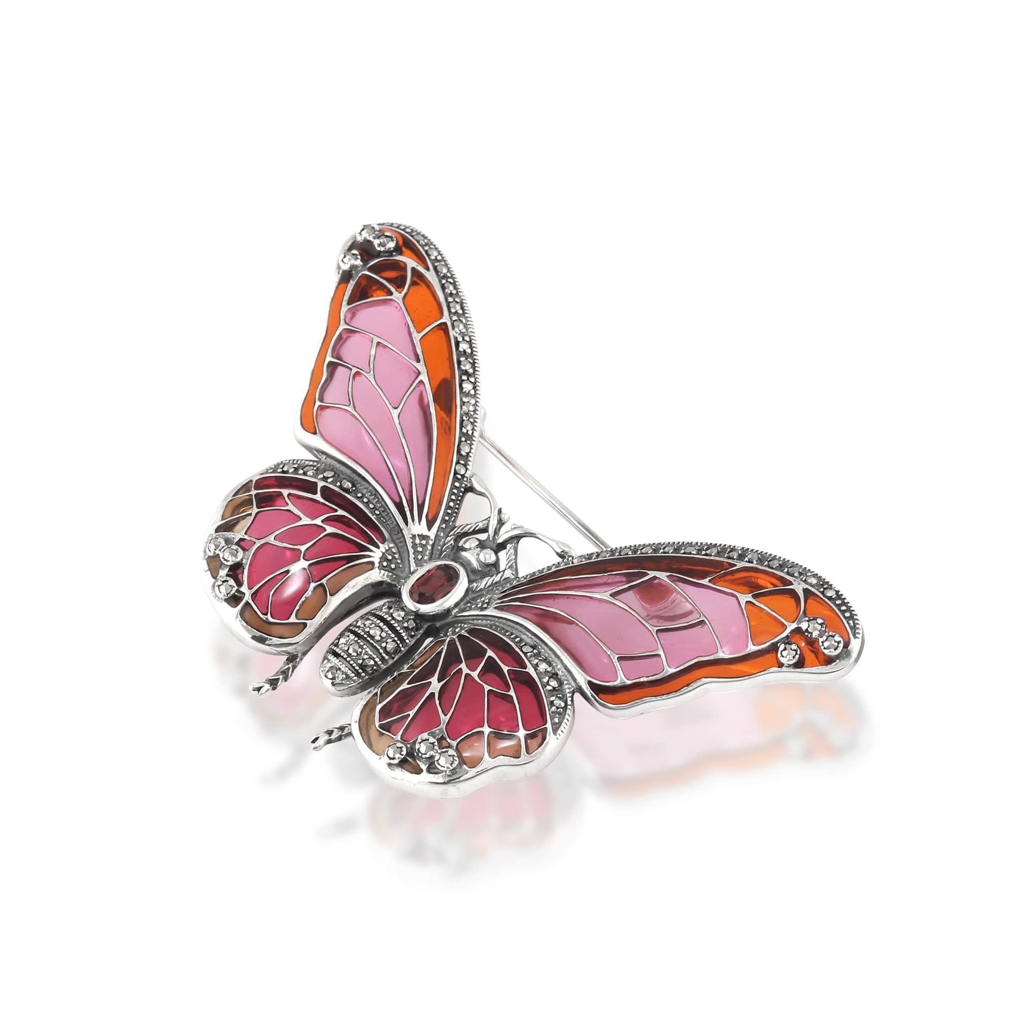26662 Art Nouveau Style Oval Marcasite, Garnet & Enamel Butterfly Brooch in 925 Sterling Silver 2