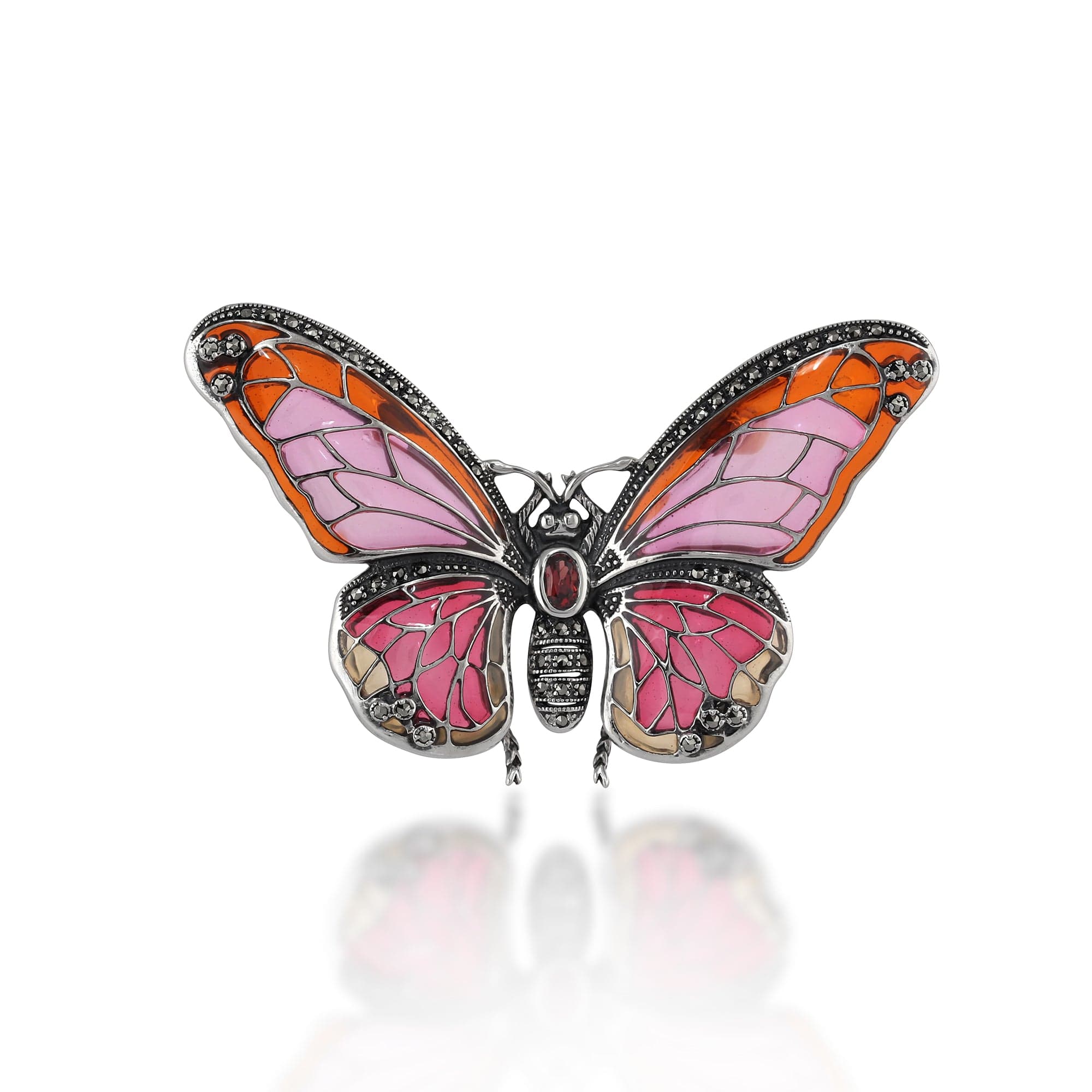 Art Nouveau Style Oval Marcasite, Garnet & Enamel Butterfly Brooch in 925 Sterling Silver - Gemondo