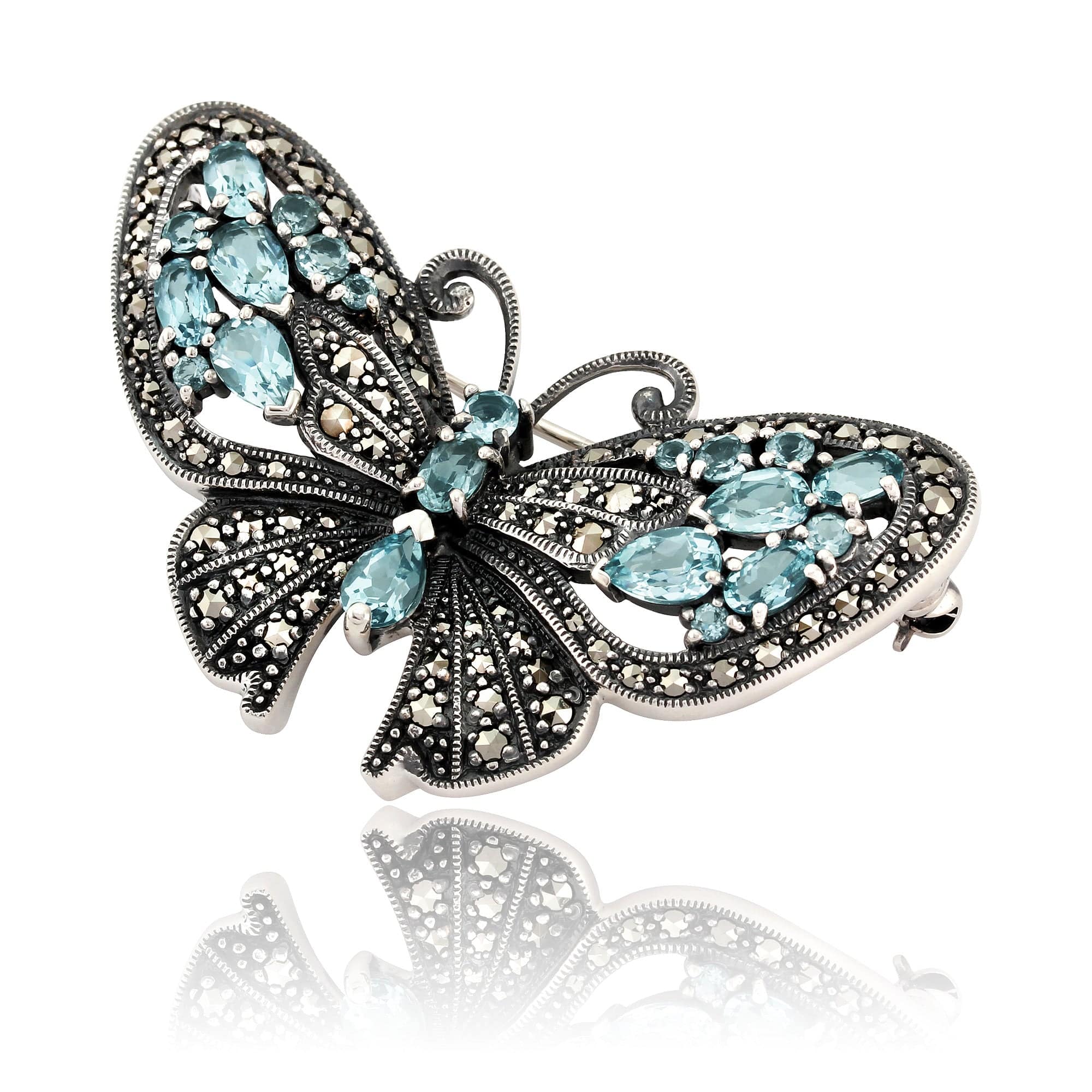Art Nouveau Style Marquise Blue Topaz & Marcasite Butterfly Brooch in 925 Sterling Silver - Gemondo