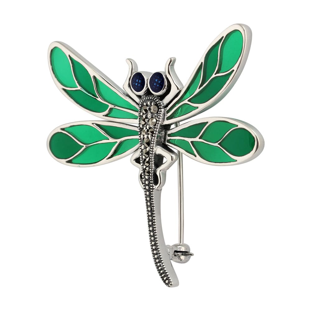 27070 Art Nouveau Style Round Marcasite & Green Enamel Dragonfly Brooch in 925 Sterling Silver 2
