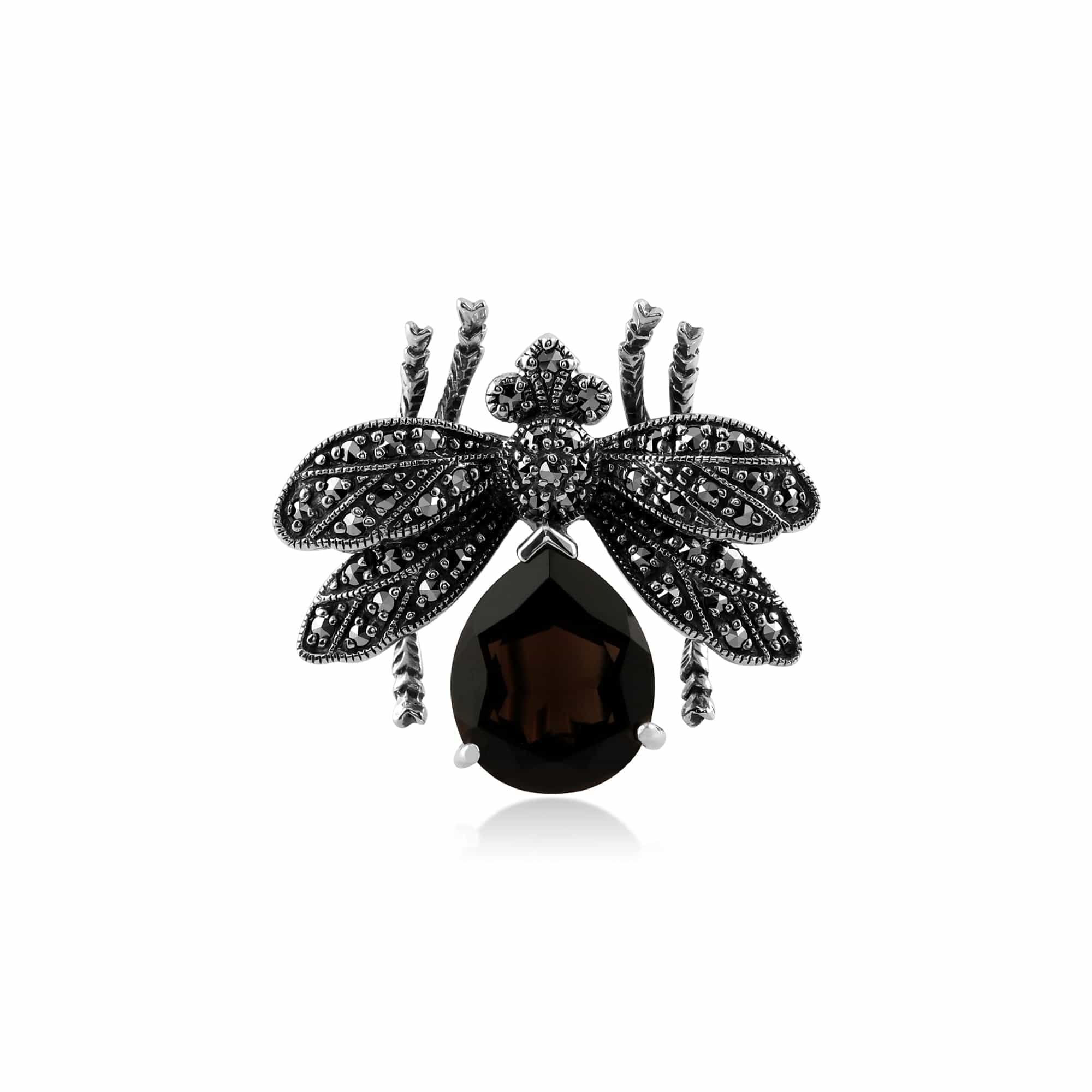 Marcasite & Smokey Quartz Bumble Bee Brooch in 925 Sterling Silver - Gemondo