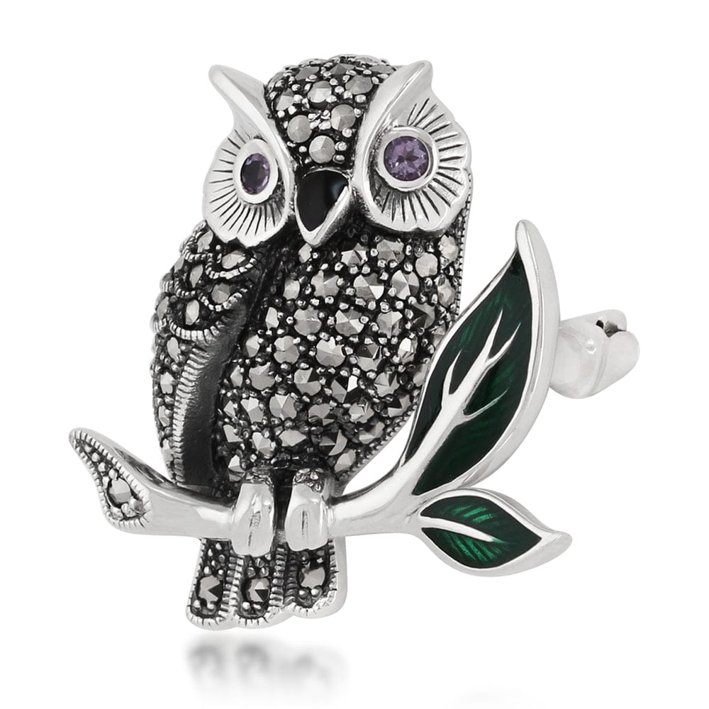 Art Nouveau Style Marcasite, Amethyst & Enamel Owl Brooch in  Sterling Silver - Gemondo