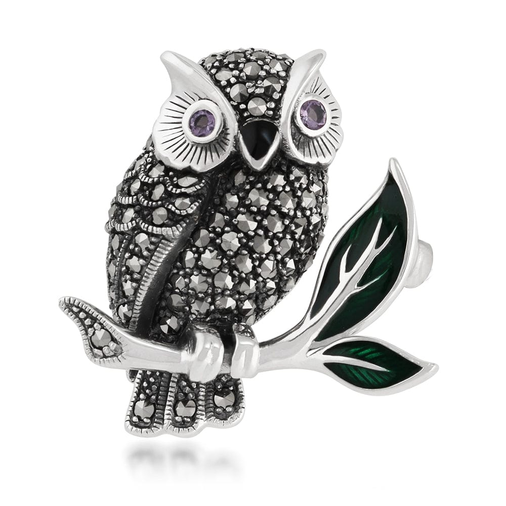 Art Nouveau Style Marcasite, Amethyst & Enamel Owl Brooch in  Sterling Silver - Gemondo