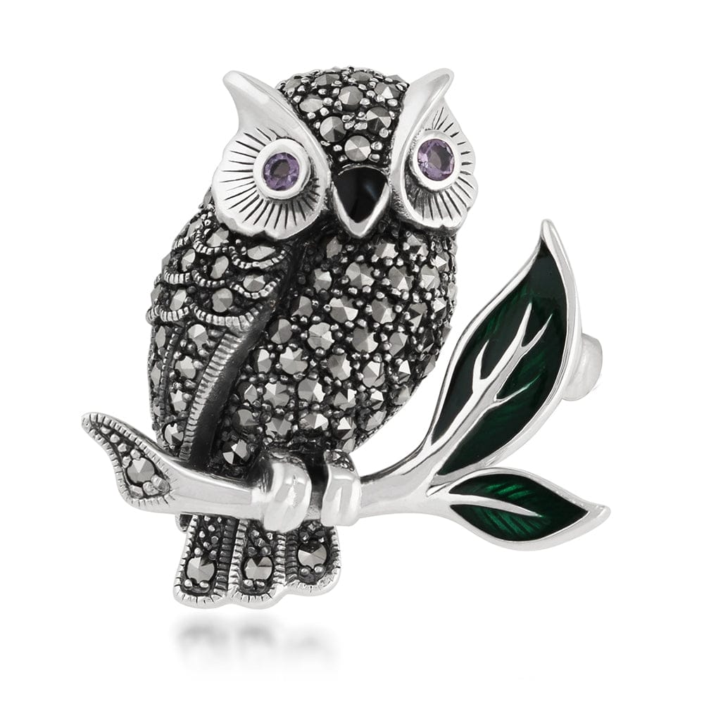 Art Nouveau Style Marcasite Amethyst & Enamel Owl Brooch Sterling