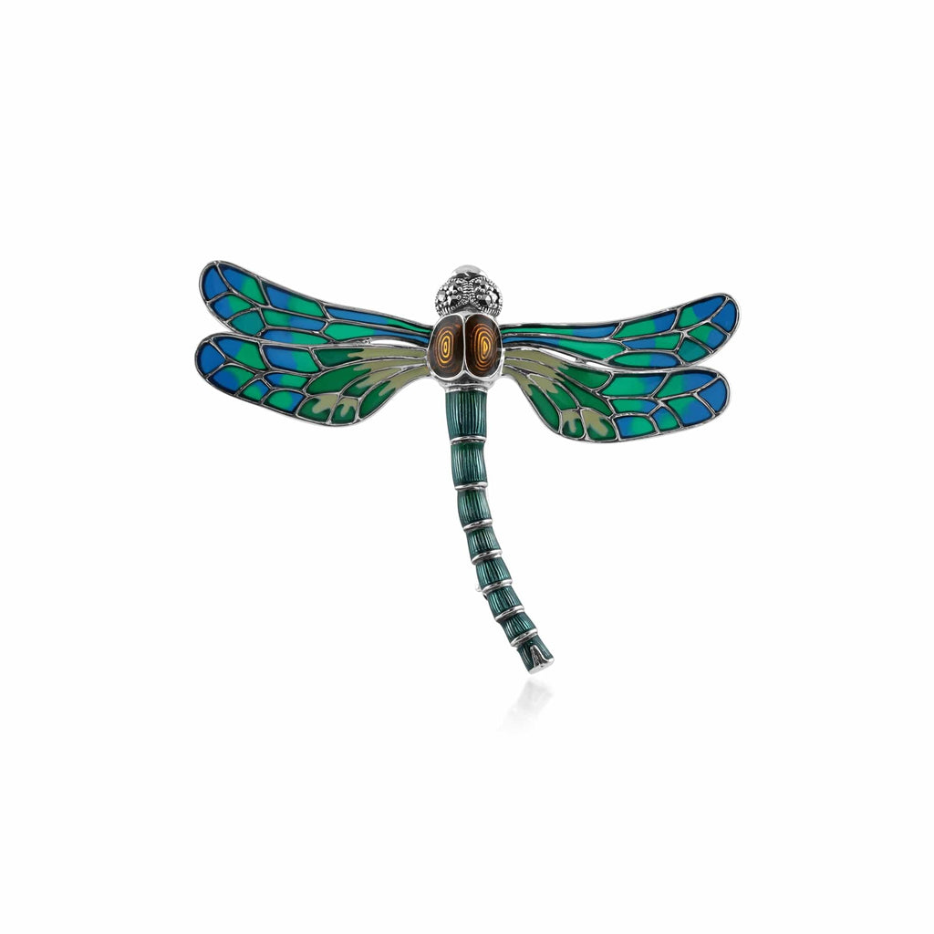 Art Nouveau Style Marcasite & Enamel Dragonfly Brooch Sterling