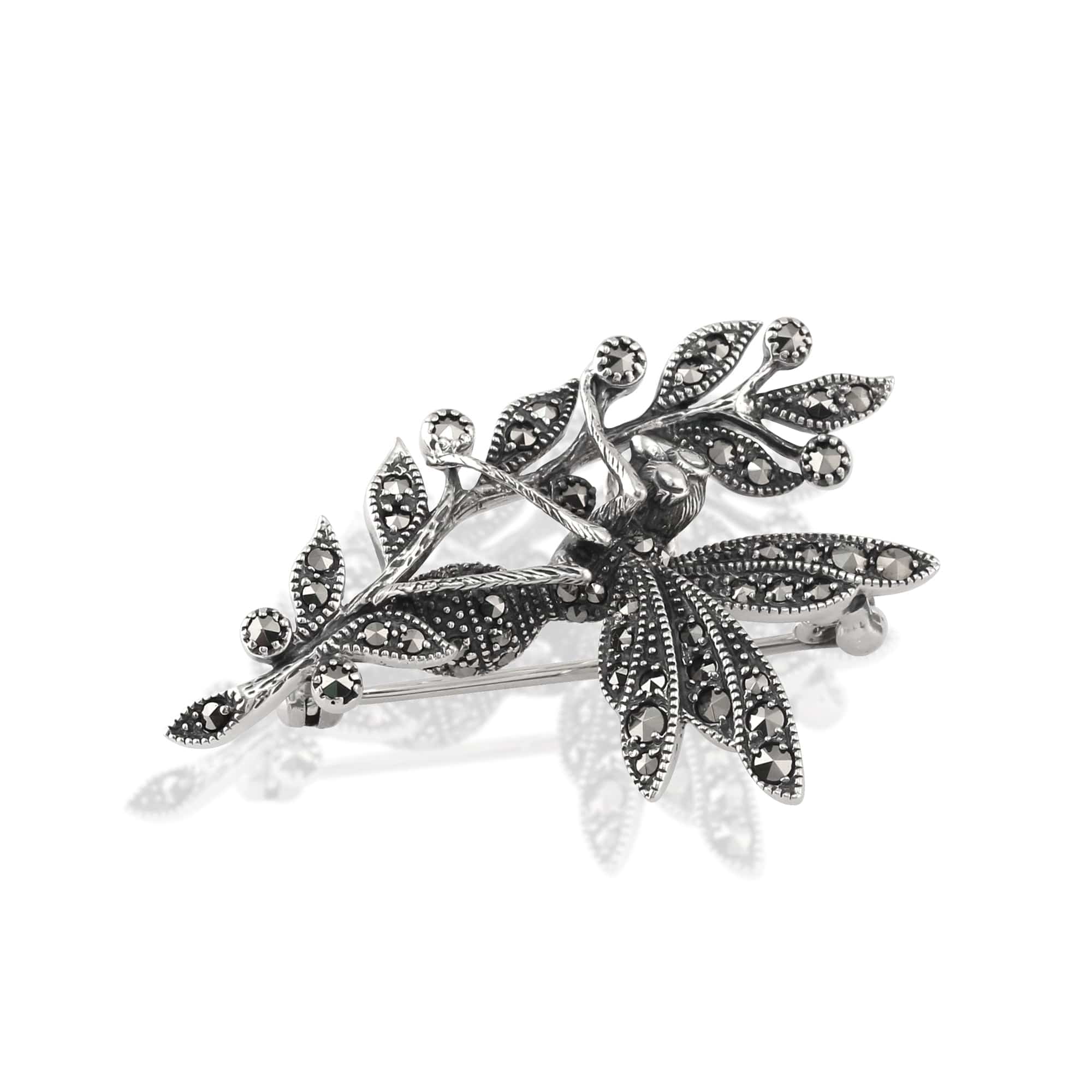 26641 Art Nouveau Style Round Marcasite Wasp Brooch in 925 Sterling Silver 2