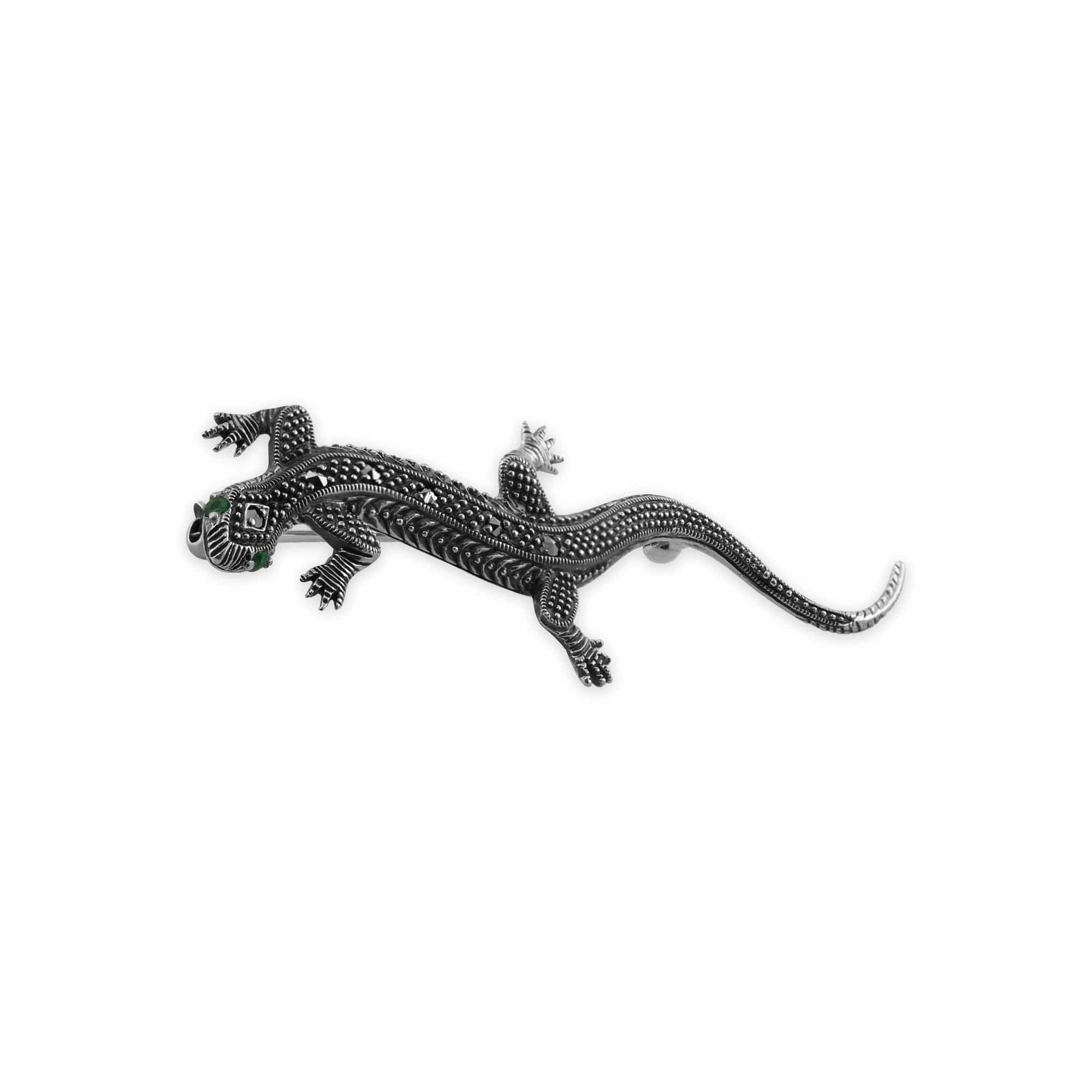 Art Nouveau Style Round Emerald & Marcasite Gecko Brooch in 925 Sterling Silver - Gemondo