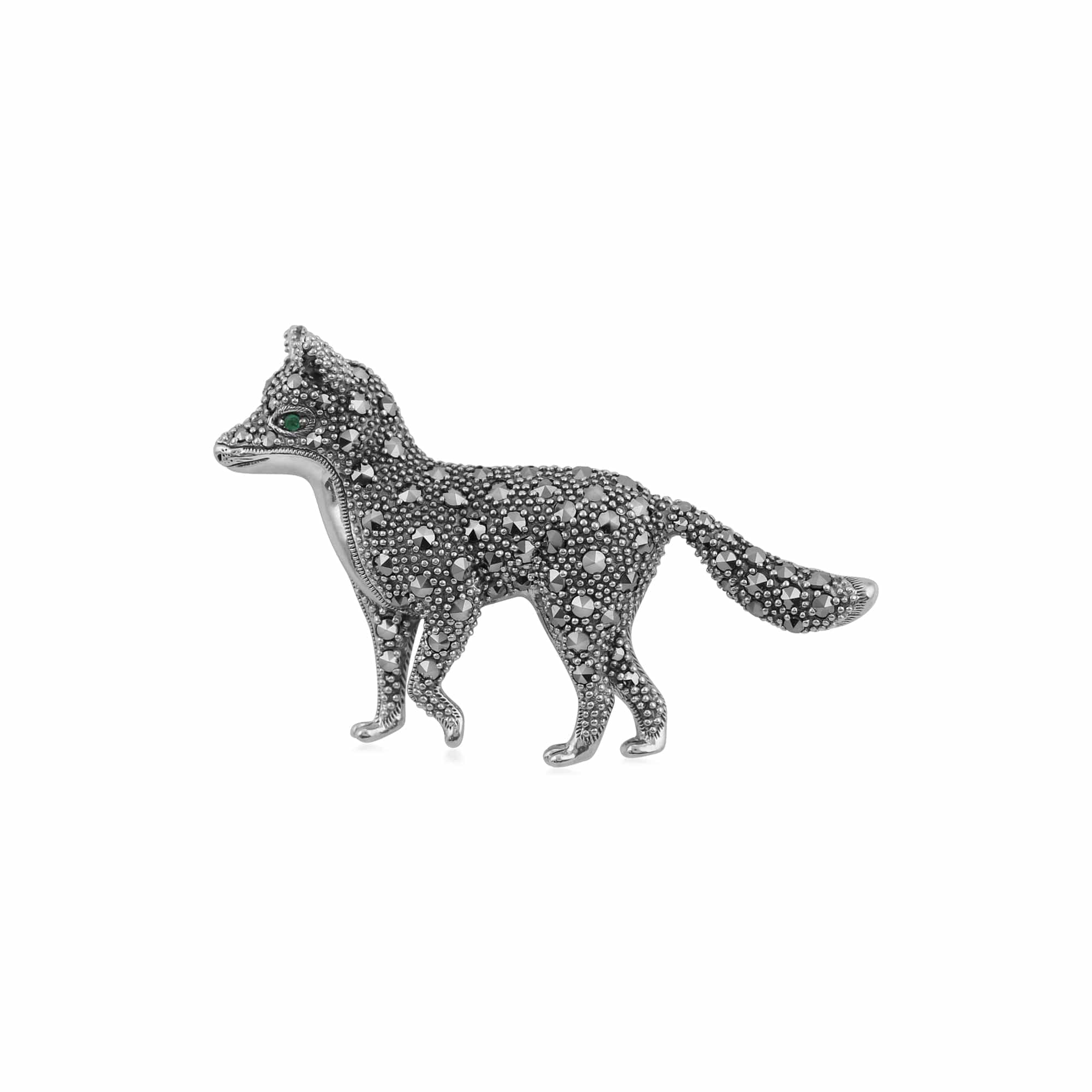 Classic Marcasite & Emerald Fox Brooch in 925 Sterling Silver - Gemondo