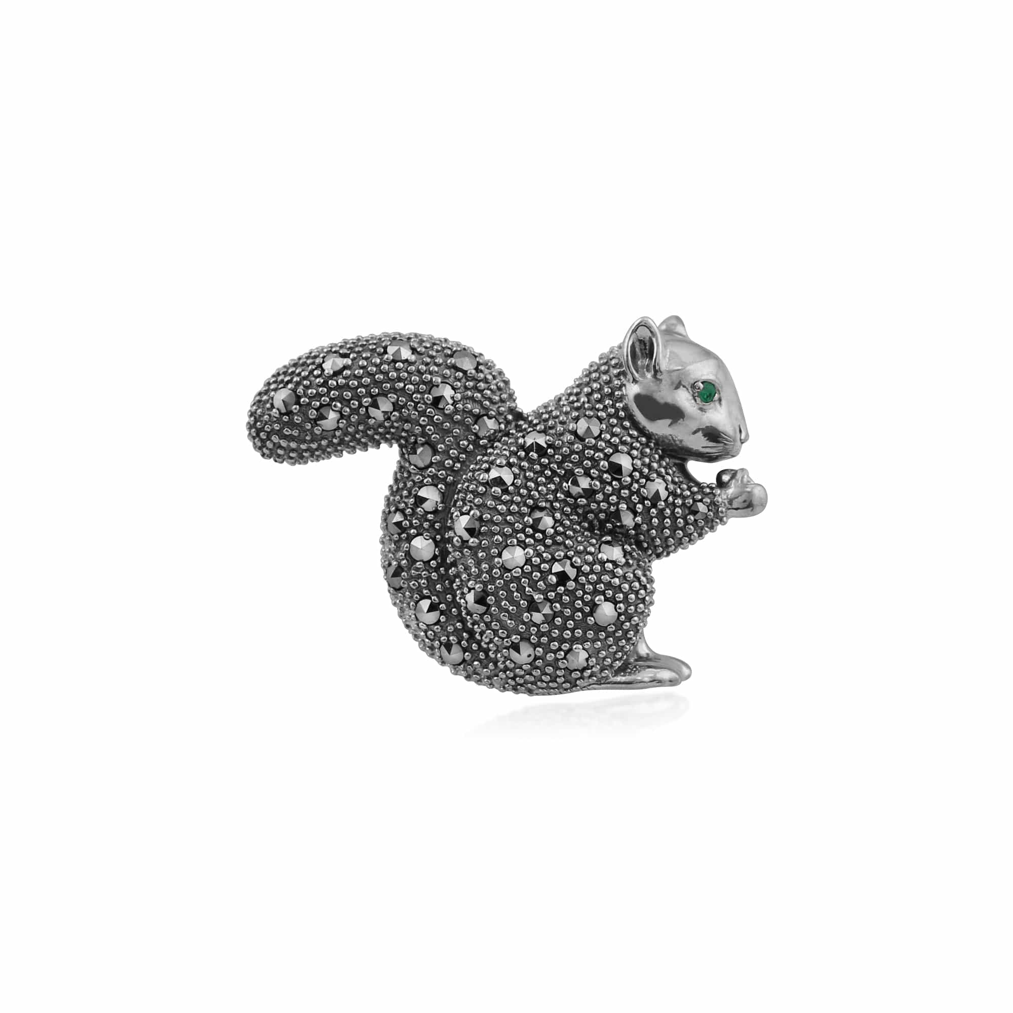 Marcasite & Emerald Squirrel Brooch in 925 Sterling Silver - Gemondo