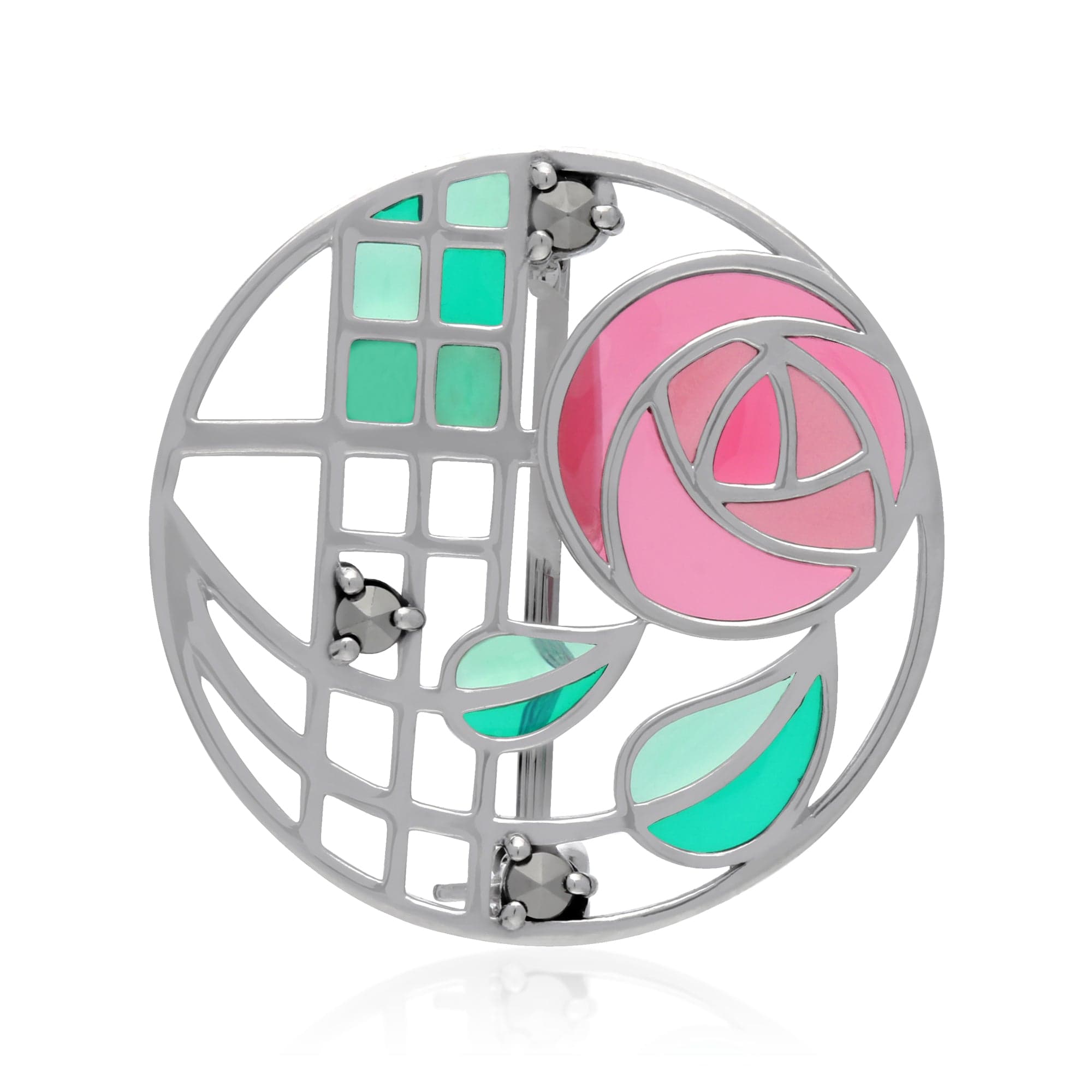 Rennie Mackintosh Round Marcasite & Enamel Glasgow Rose Brooch in 925 Sterling Silver - Gemondo