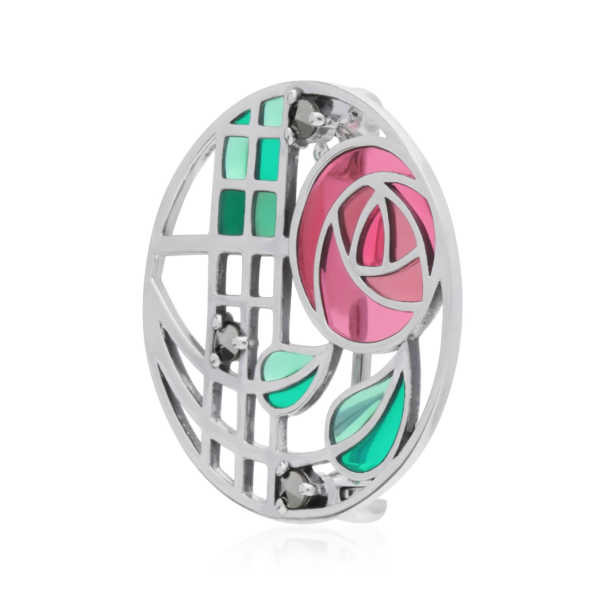 Rennie Mackintosh Round Marcasite & Enamel Glasgow Rose Brooch in 925 Sterling Silver - Gemondo