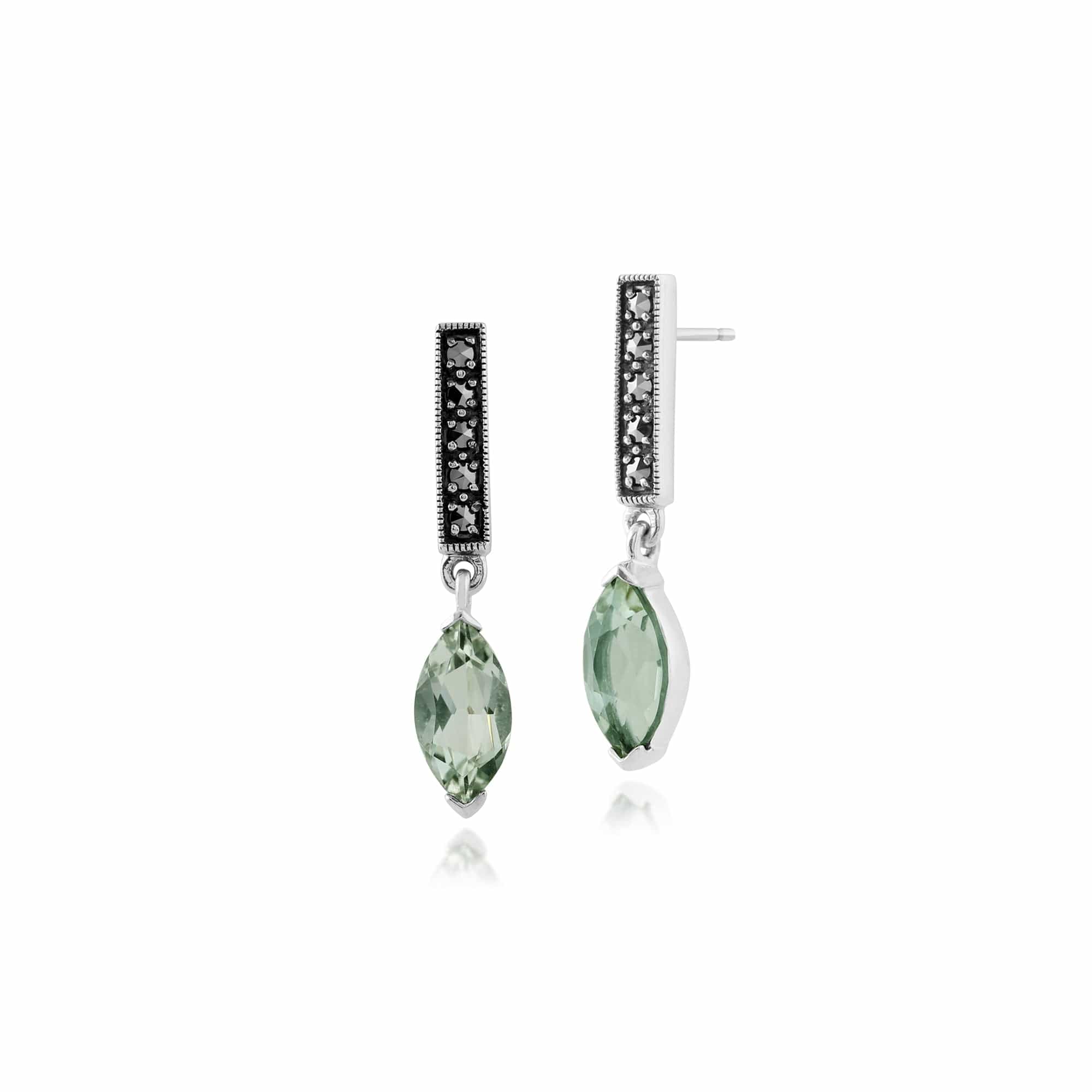 Art Deco Style Marquise Mint Green Quartz & Marcasite Bar Drop Earrings in 925 Sterling Silver - Gemondo