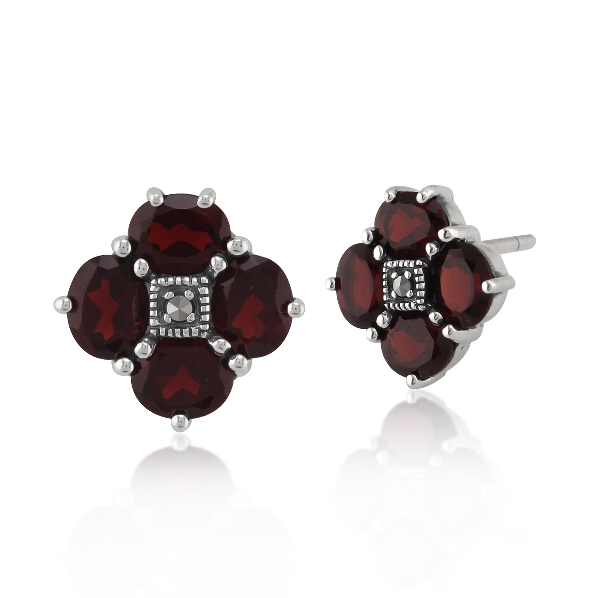 Art Nouveau Style Round Garnet & Marcasite Cluster Stud Earrings in 925 Sterling Silver - Gemondo