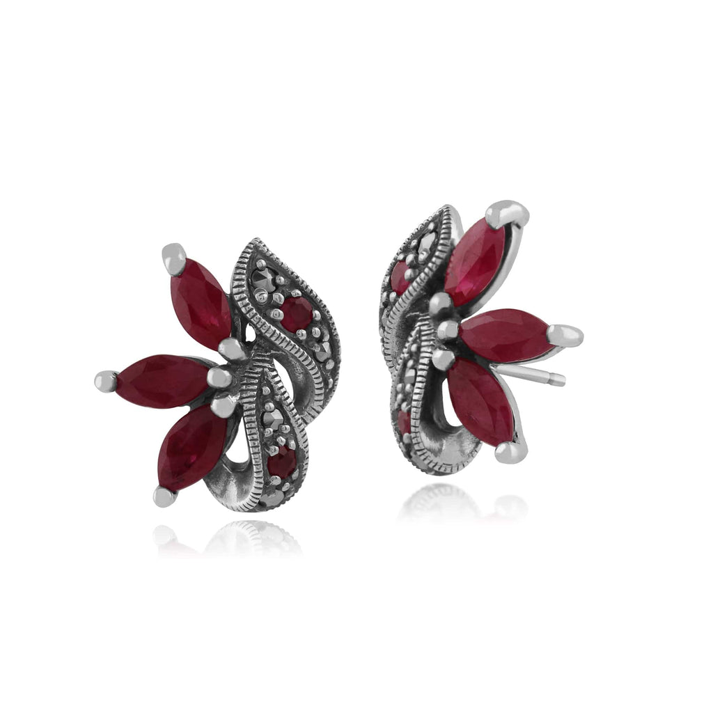 Art Nouveau Marquise Ruby & Marcasite Leaf Stud Earrings 925 Sterling