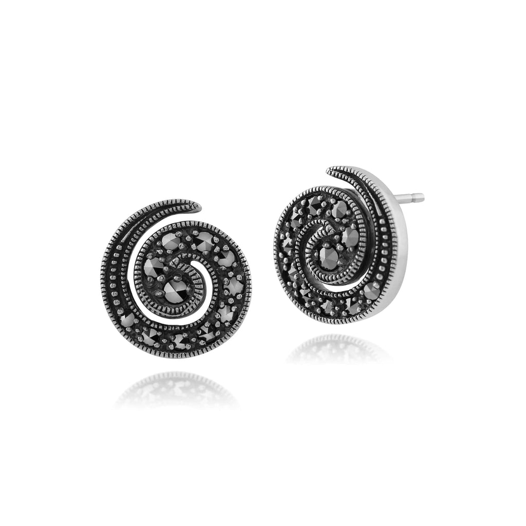 Art Nouveau Style Round Marcasite Spiral Stud Earrings 925 Sterling