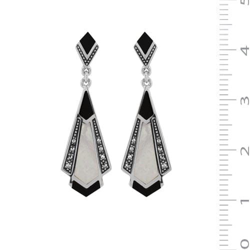 27075-27084 Art Deco Style Onyx, Mother of Pearl & Marcasite Fan Drop Earrings & Necklace Set in 925 Sterling Silver 4